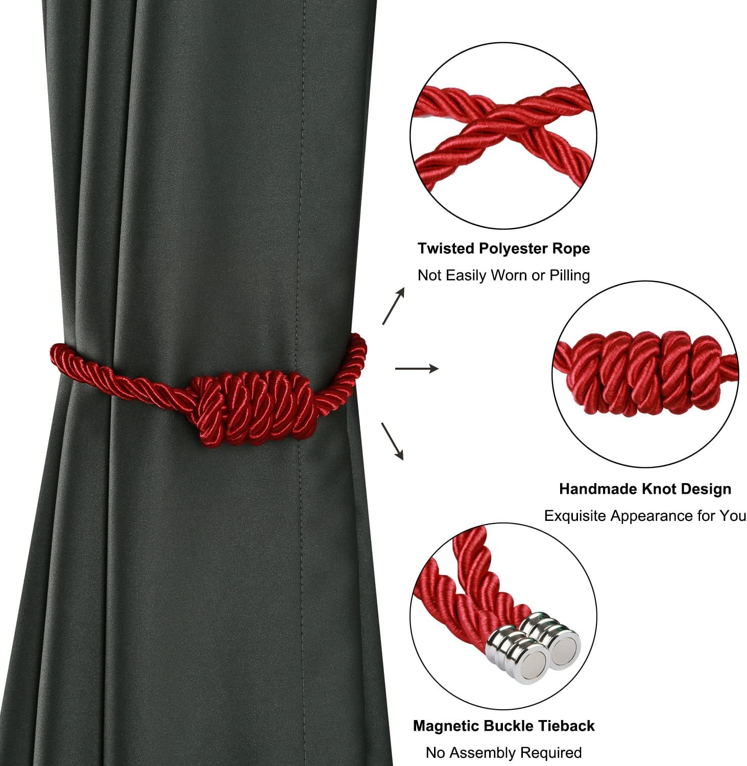 BEL AVENIR Magnetic Curtain Holdbacks 2 Pack Red