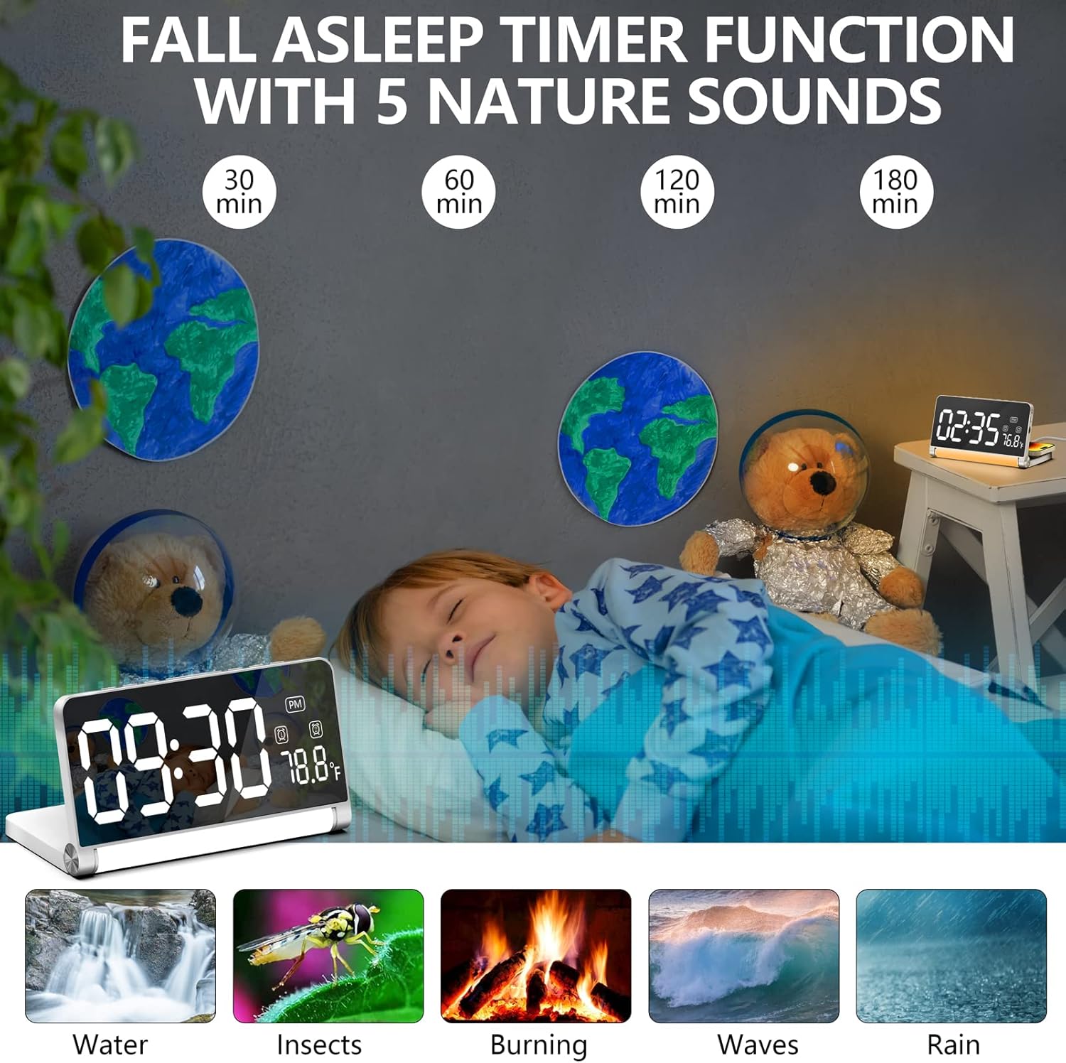 Digital Alarm Clock with Wireless Charging and Night Light for Bedroom