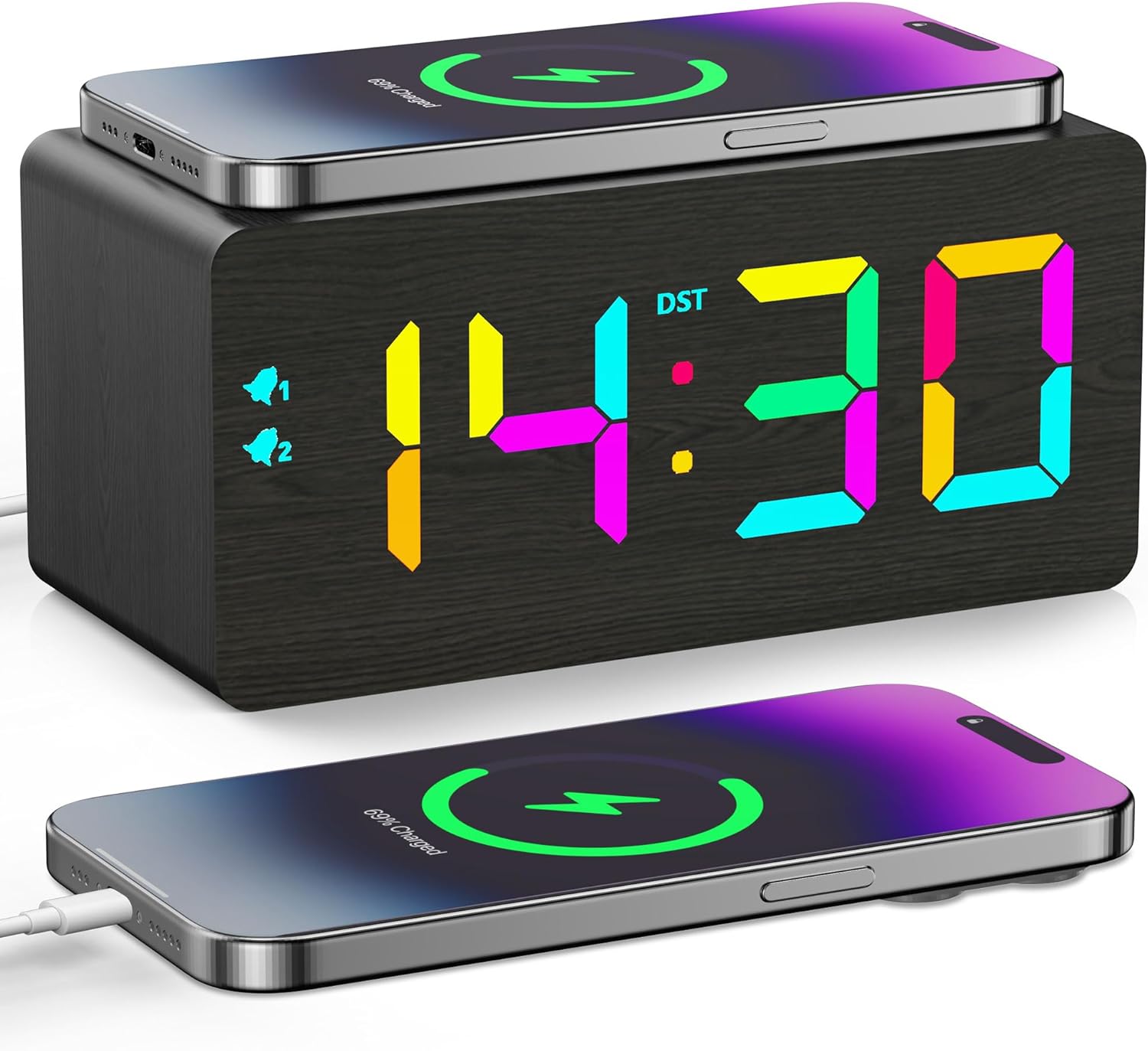 Wooden Digital Alarm Clock with RGB Display and Dual USB Charging Ports