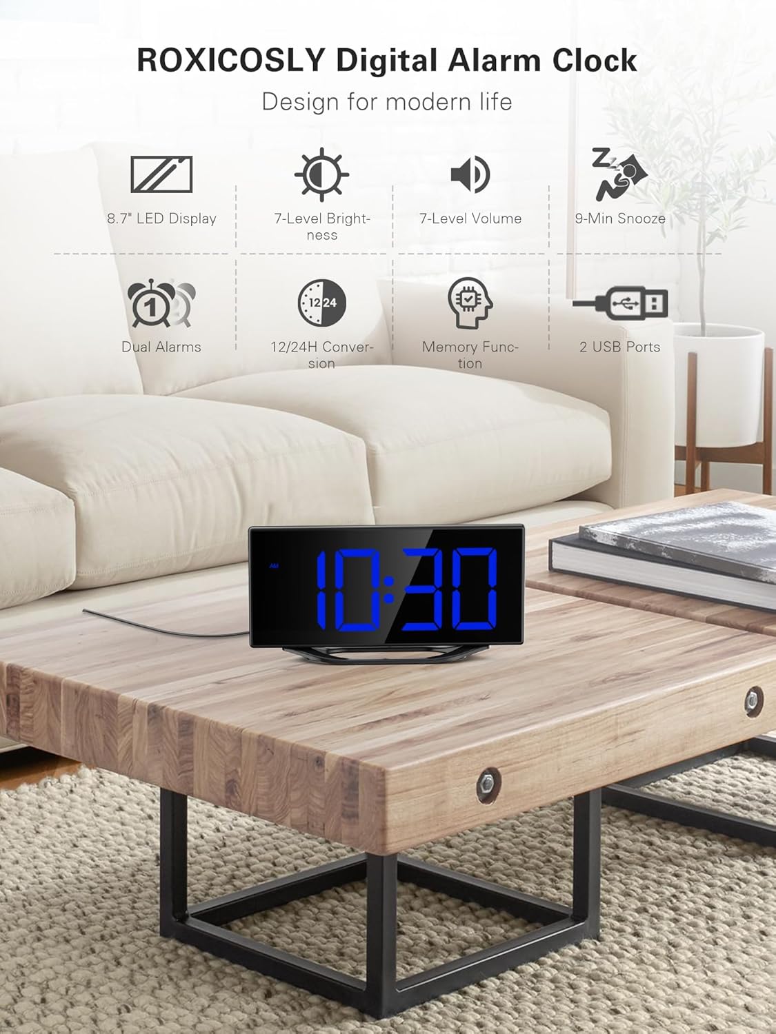 Digital Alarm Clock with Large Numbers and USB Charging
