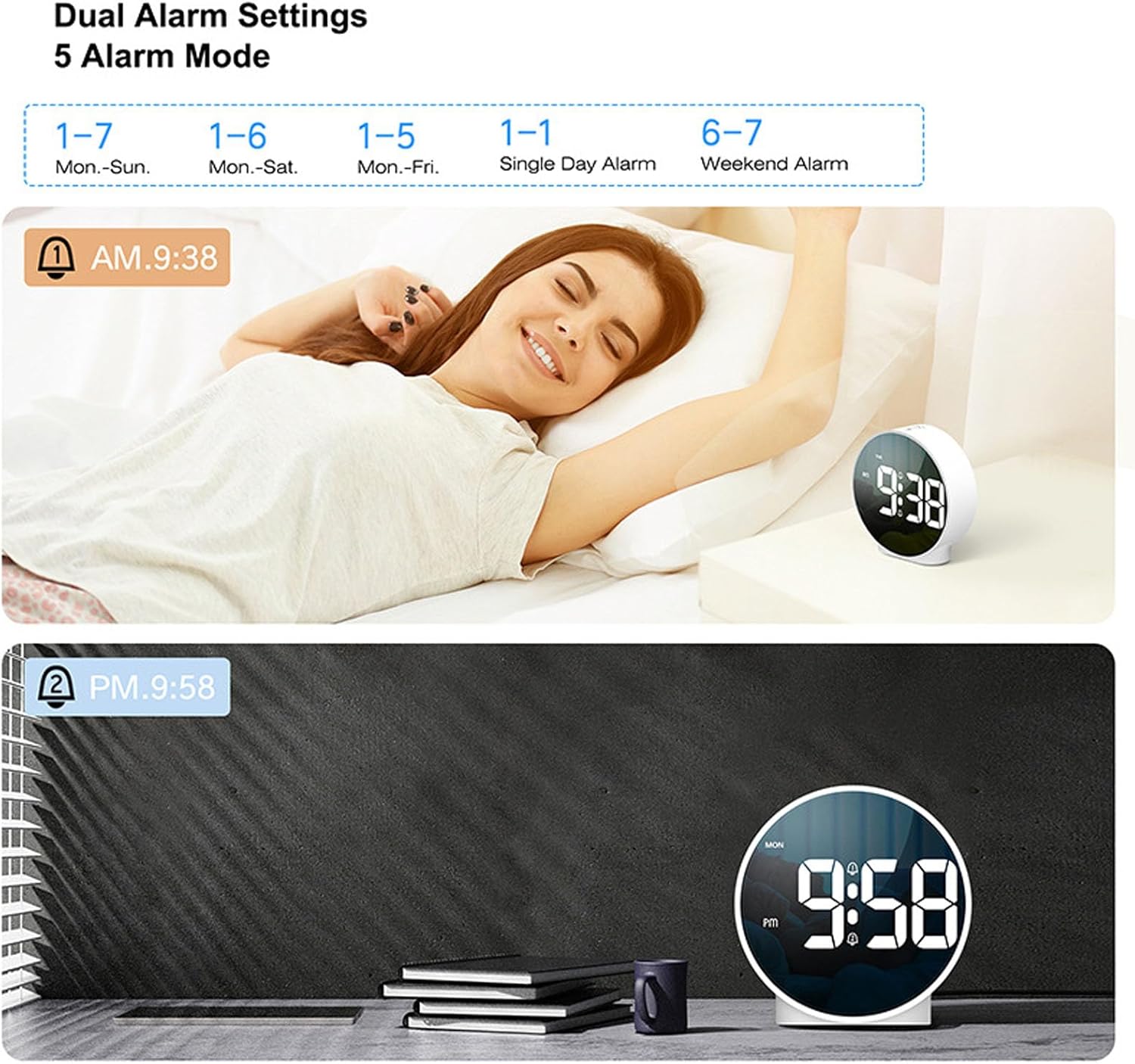 LED Digital Clock with Dual Alarm and 3 Brightness Levels