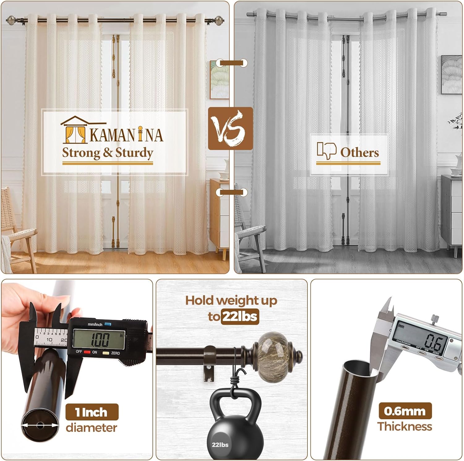 KAMANINA 1 Inch Bronze Curtain Rods 72-144 Inches Adjustable Heavy Duty