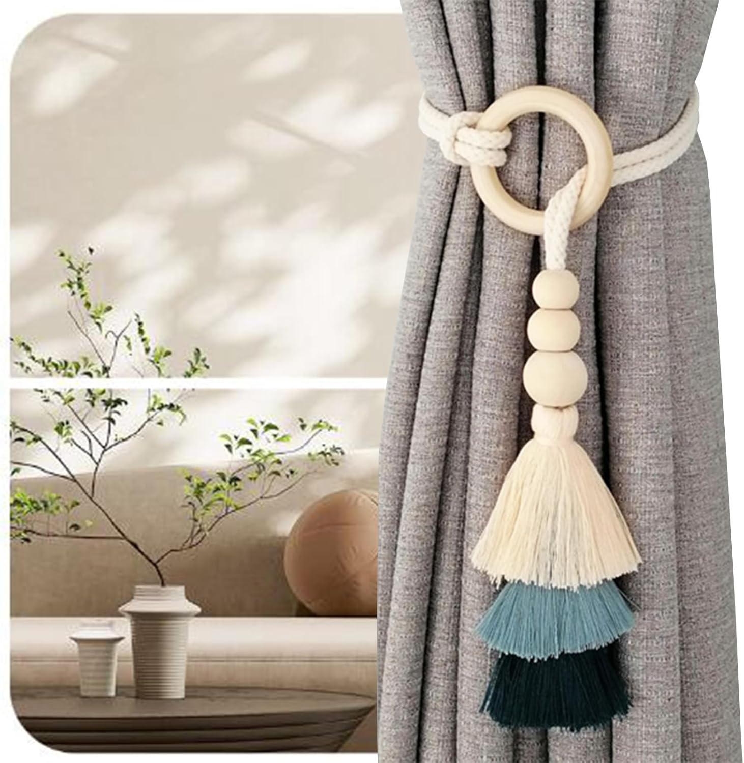 2pcs Wooden Bead Curtain Tiebacks Bohemian Decor Blue