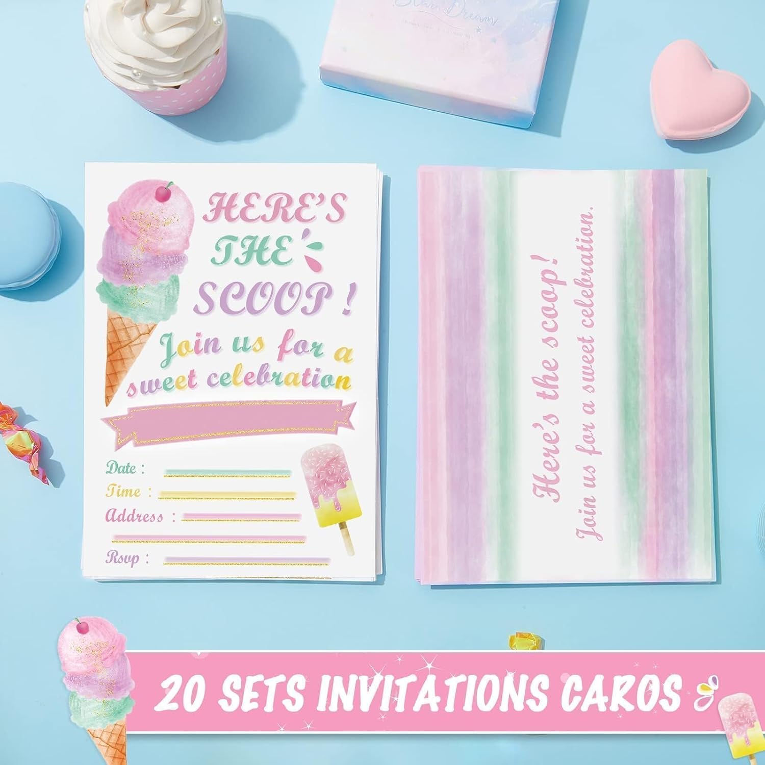 WERNNSAI Ice Cream Party Invitations with Envelopes - 20 Sets