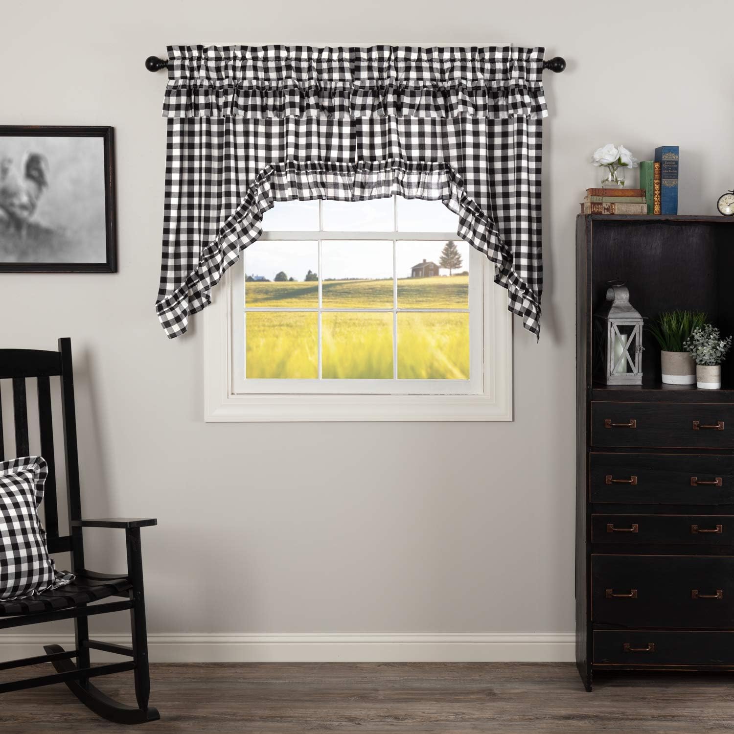 VHC Brands Black Buffalo Check Swag Curtains Pair Modern Farmhouse Style