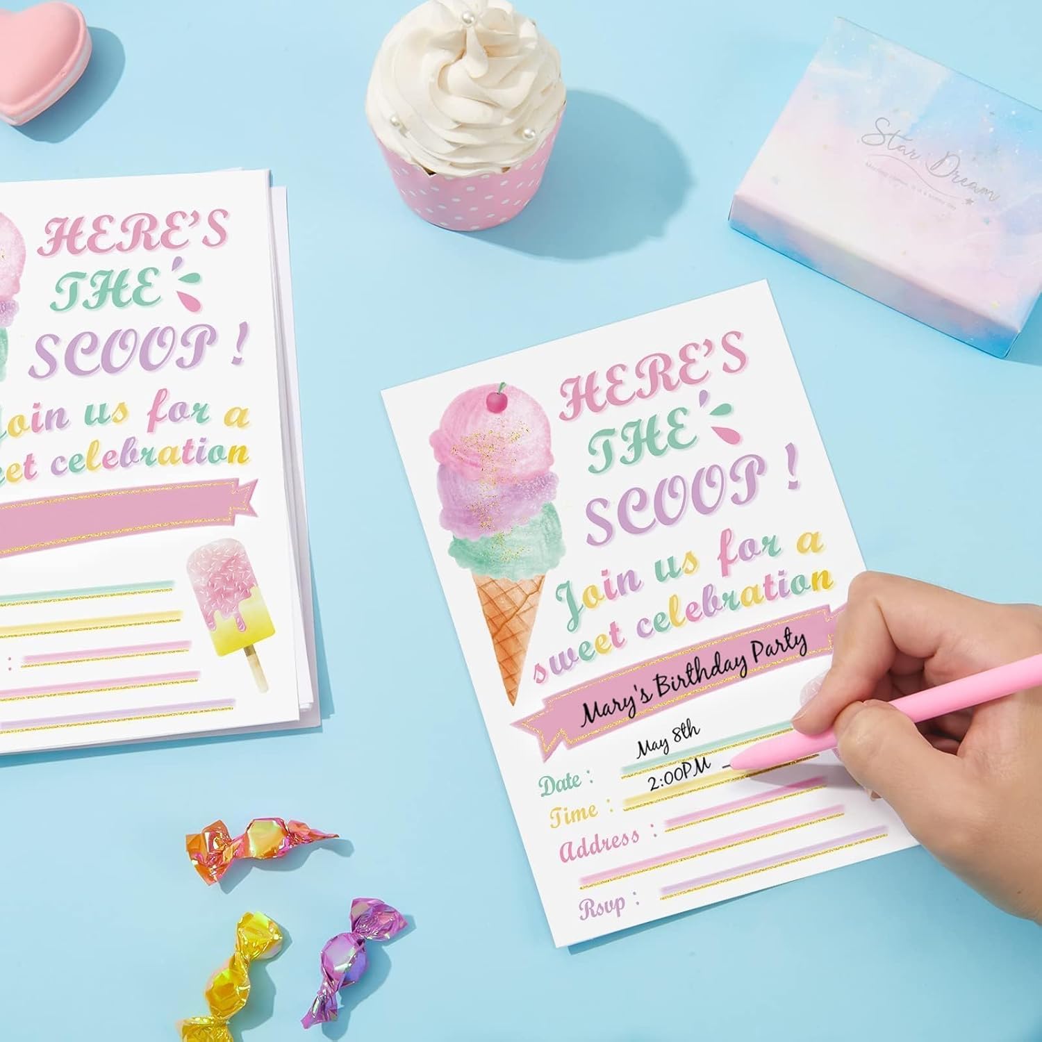 WERNNSAI Ice Cream Party Invitations with Envelopes - 20 Sets