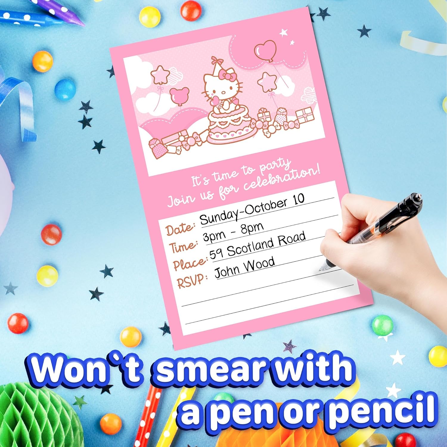 Set of 20 Cute Pink Cat Birthday Invites with Envelopes