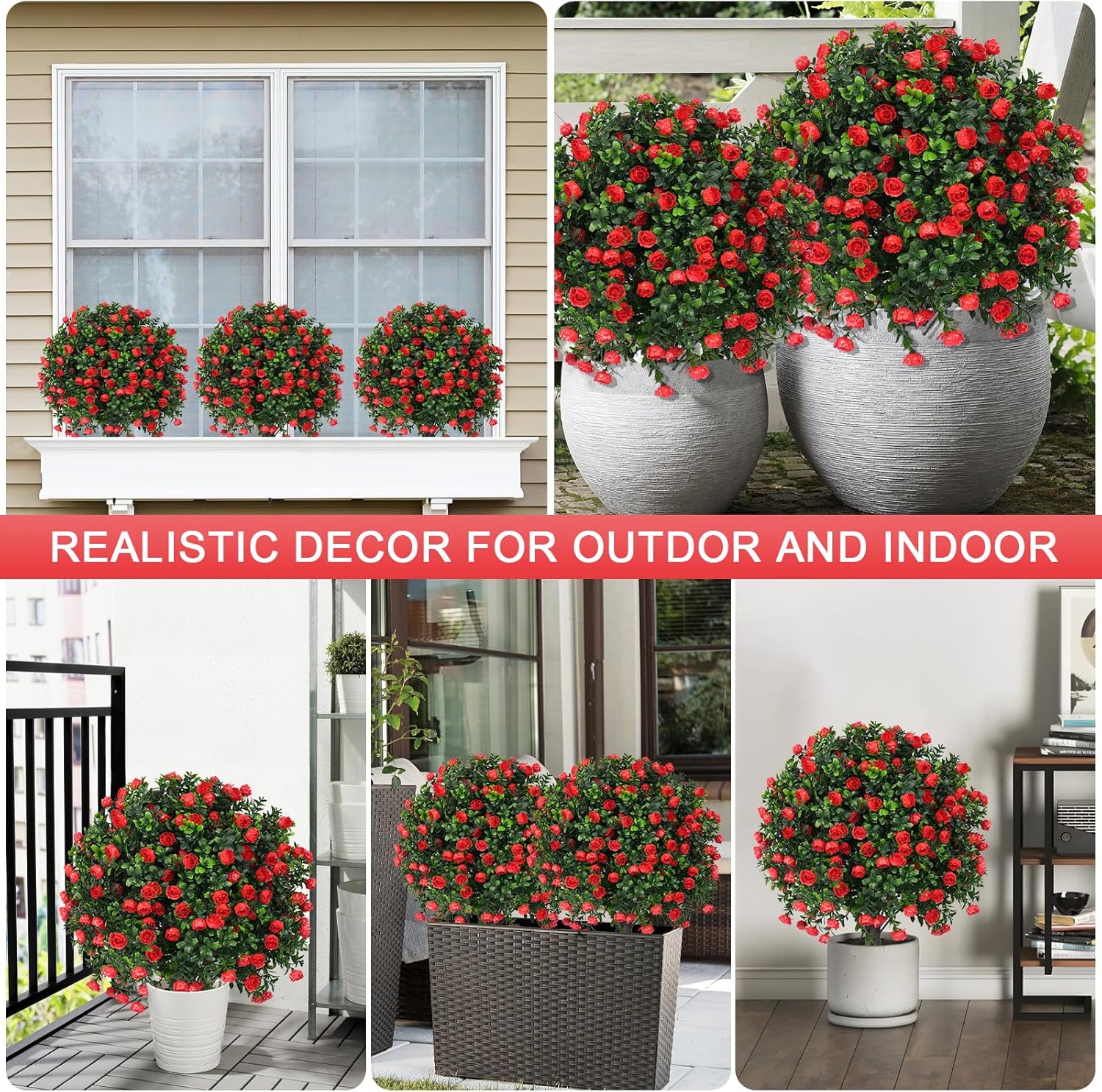 EverNature Artificial Topiary Ball with Red Rose 2 Set UV Resistant Fake Plants