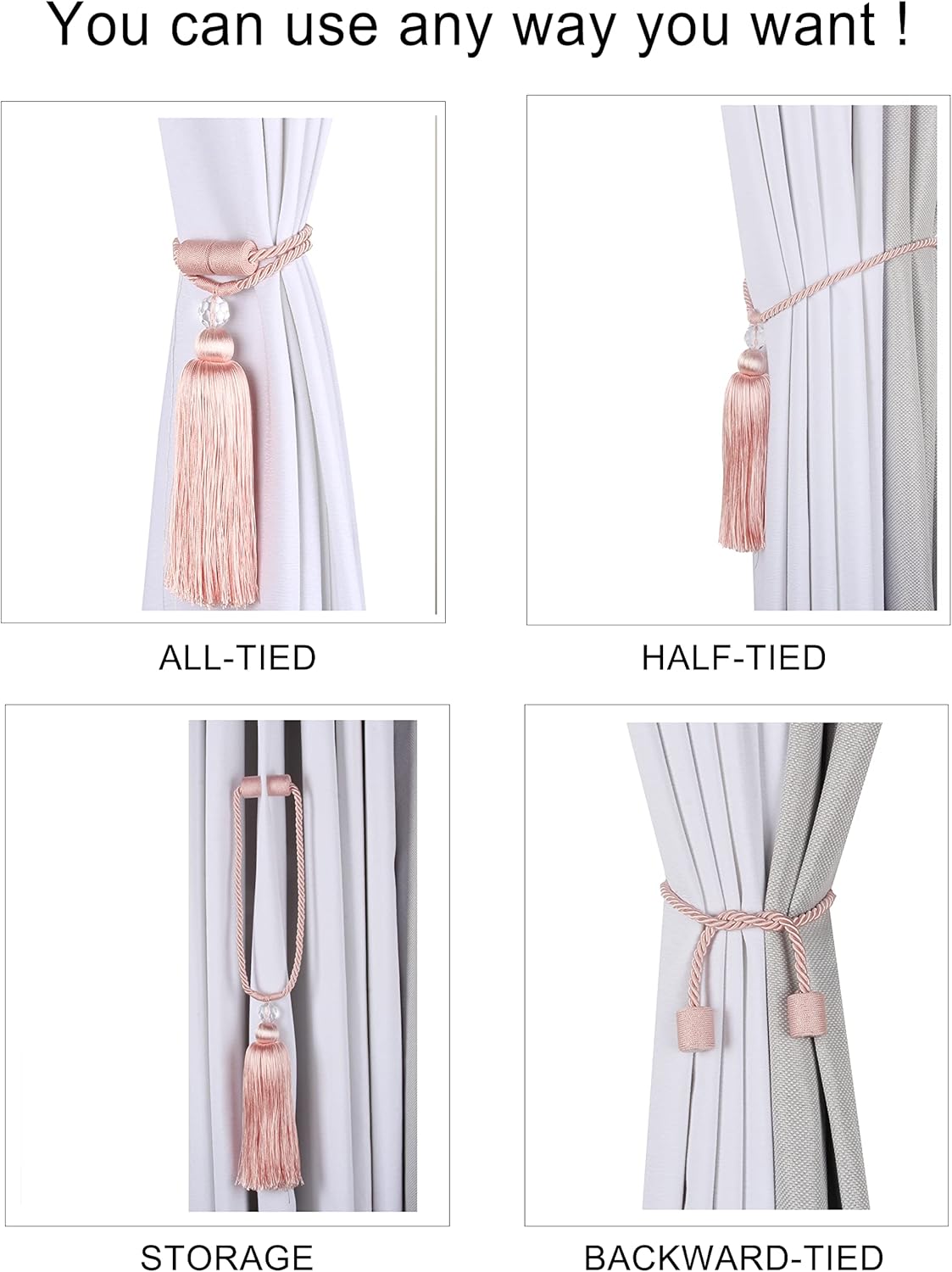 BEL AVENIR Pink Magnetic Curtain Holdbacks Tassel Ties