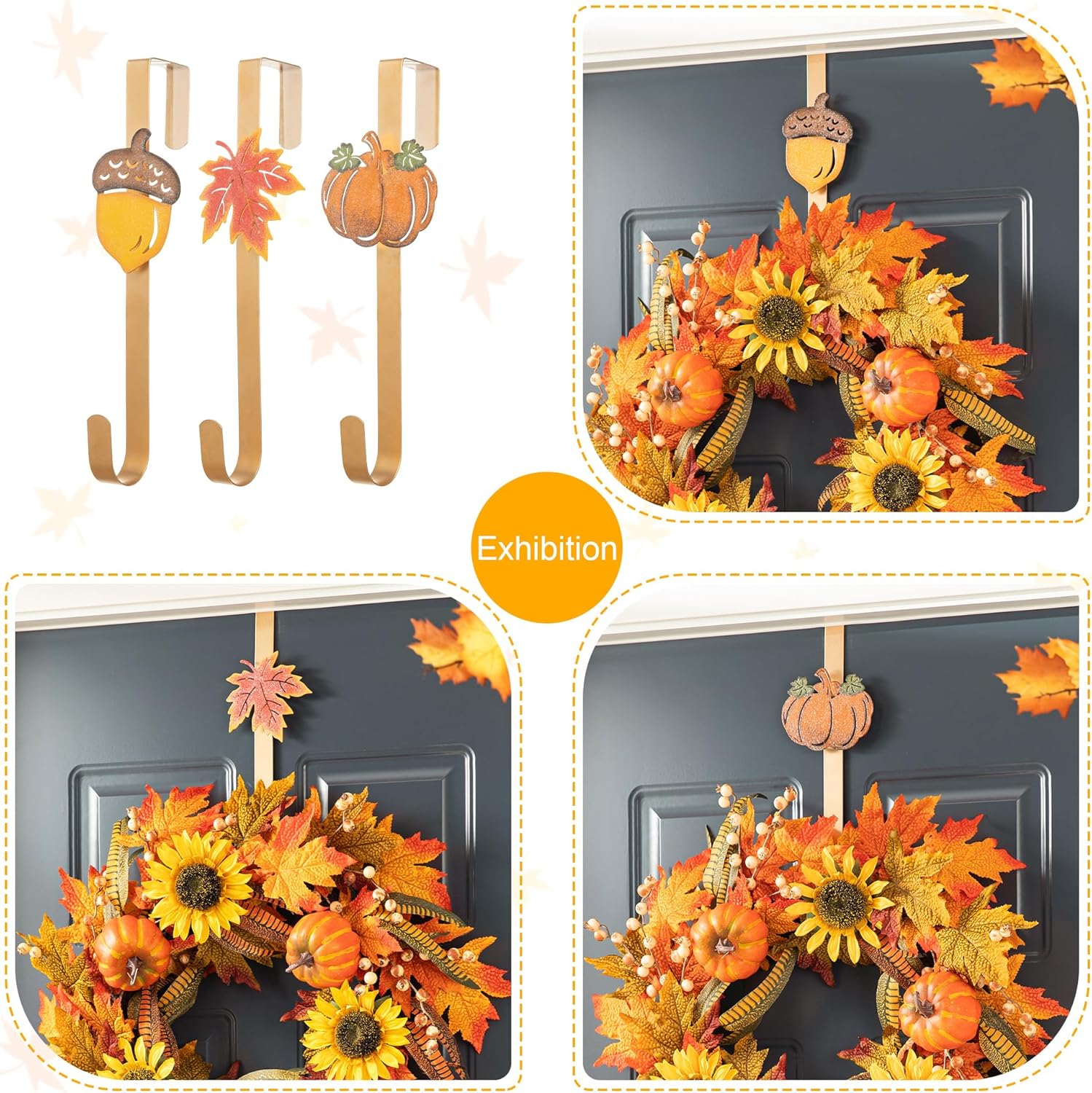 Glitzhome 3 Pack Glitter Acorn Leaf Pumpkin Wreath Hangers