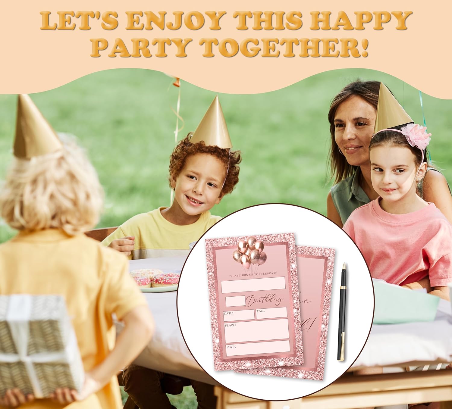 Rose Gold Birthday Invites for Kids Set of 20 with Envelopes