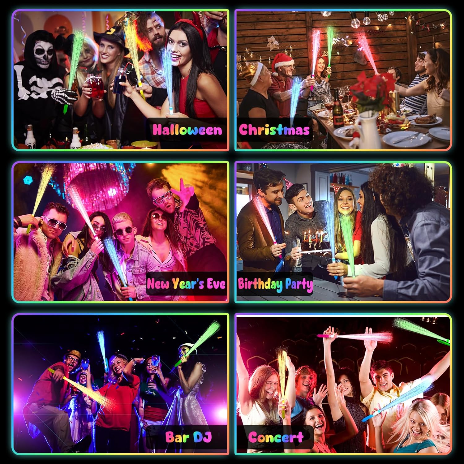 48PCS Fiber Optic Glow Sticks LED Light Up Wand