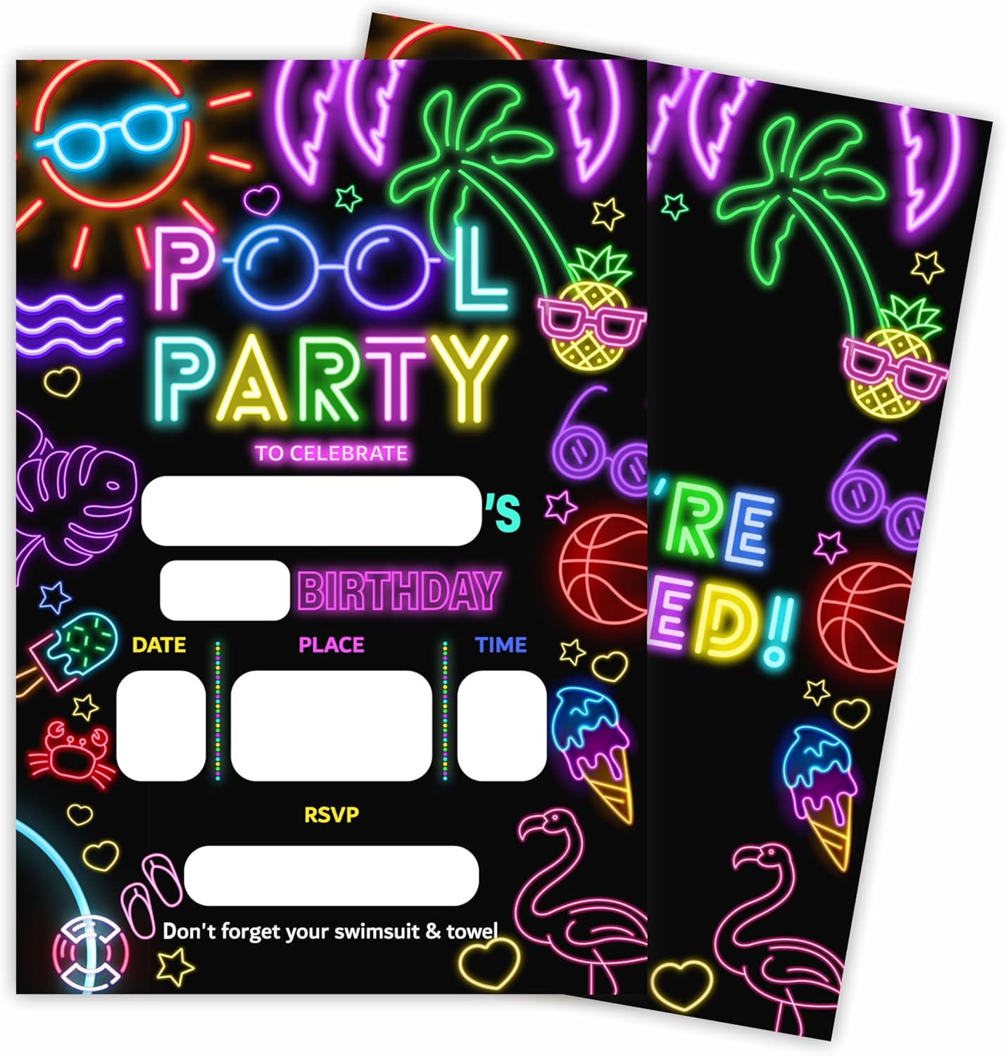 Neon Tropical Beach Birthday Invite Cards Set of 20 with Envelopes C09