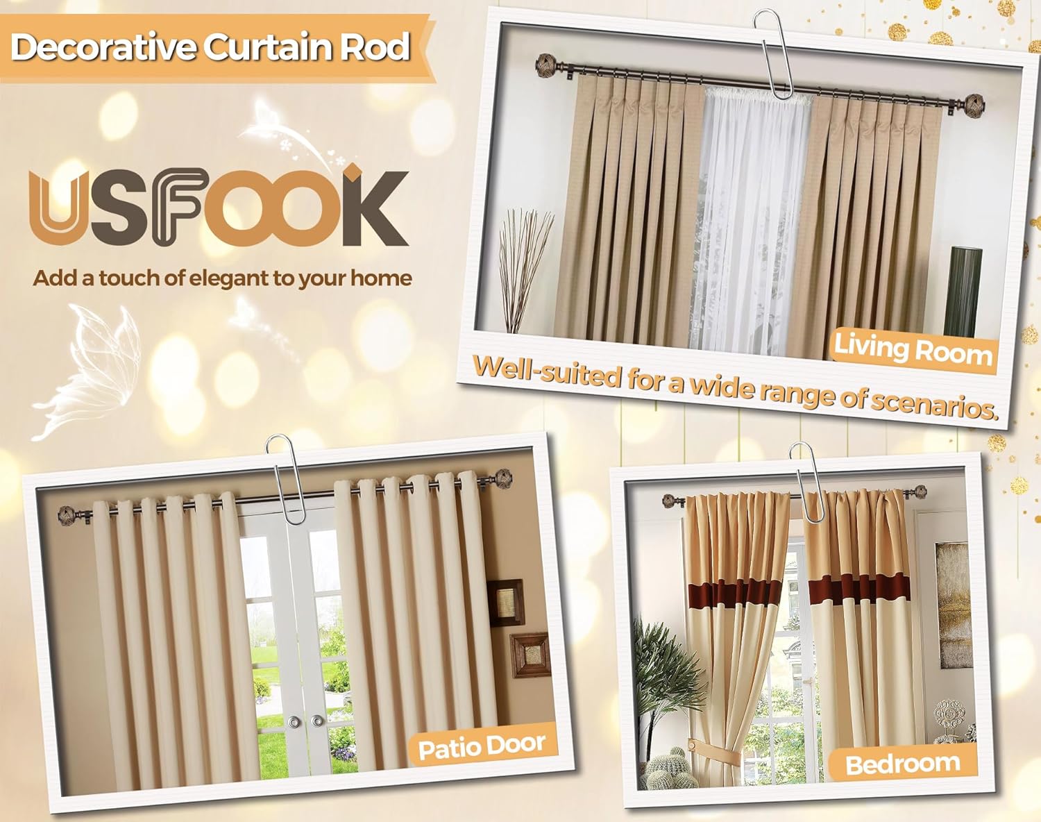 USFOOK Bronze Curtain Rods 32-58 Inches Splicing Design