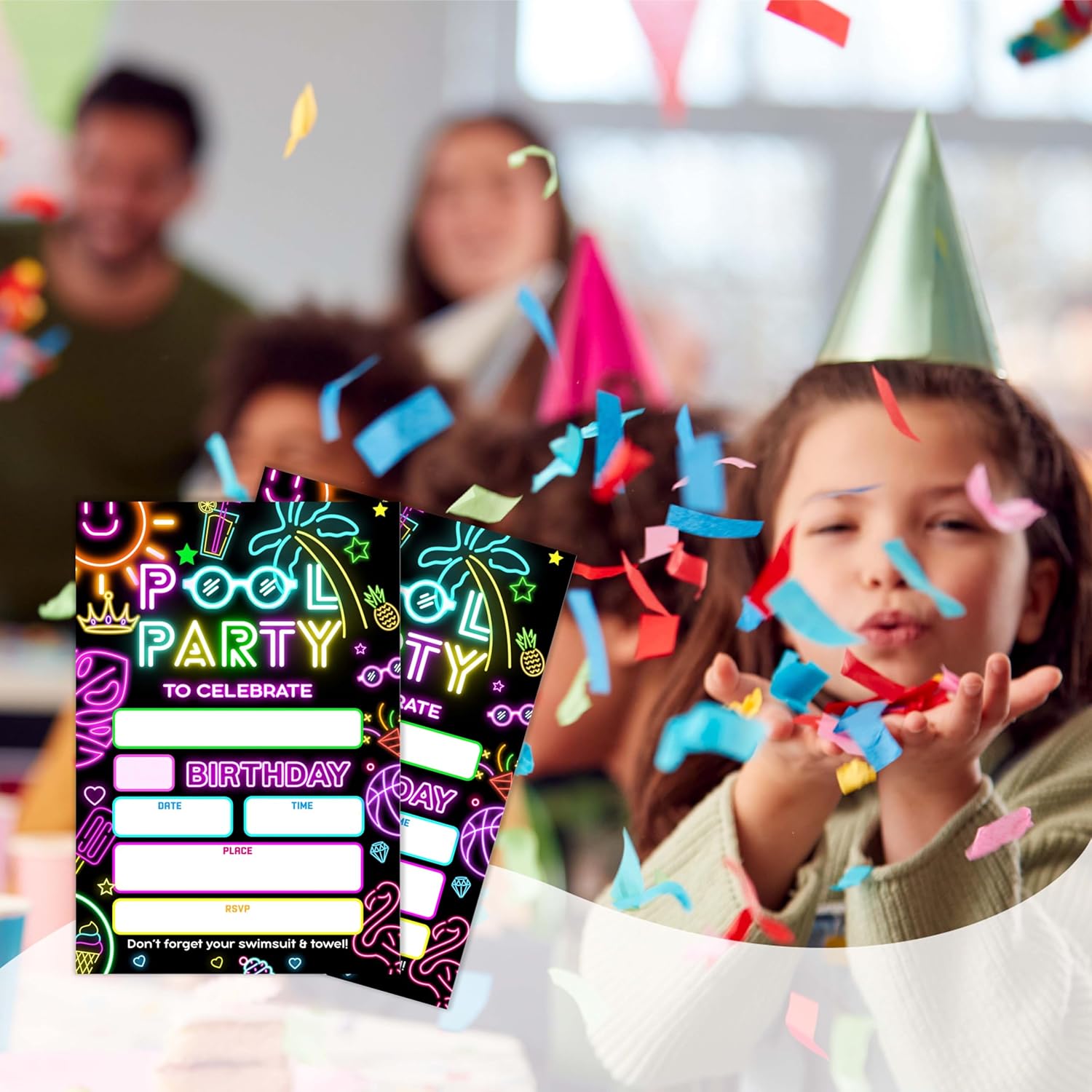 Neon Glow 4x6 Pool Party Birthday Invitations 20 Pack
