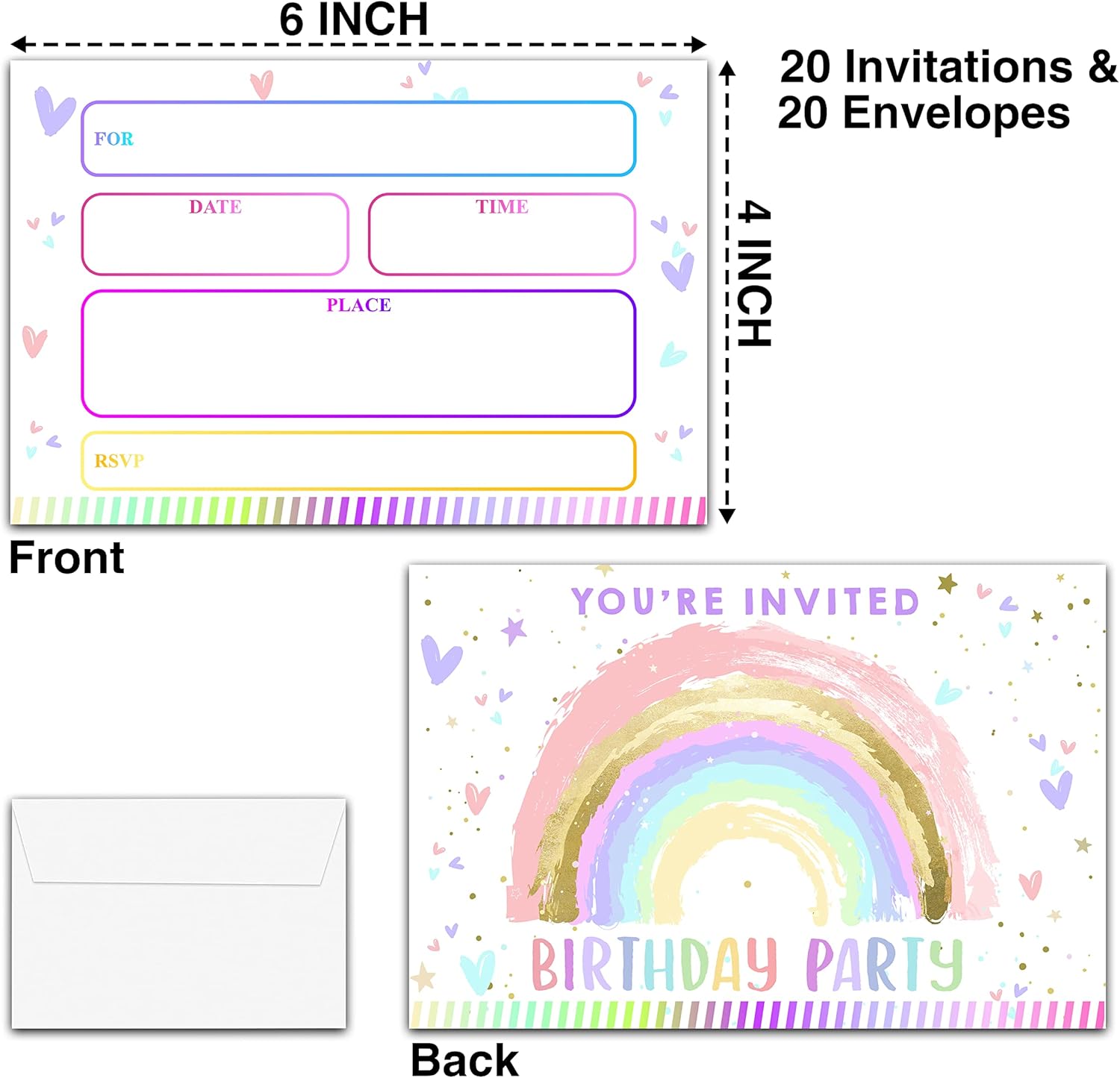 YSTEP Rainbow Birthday Invitations 20 Pack with Envelopes
