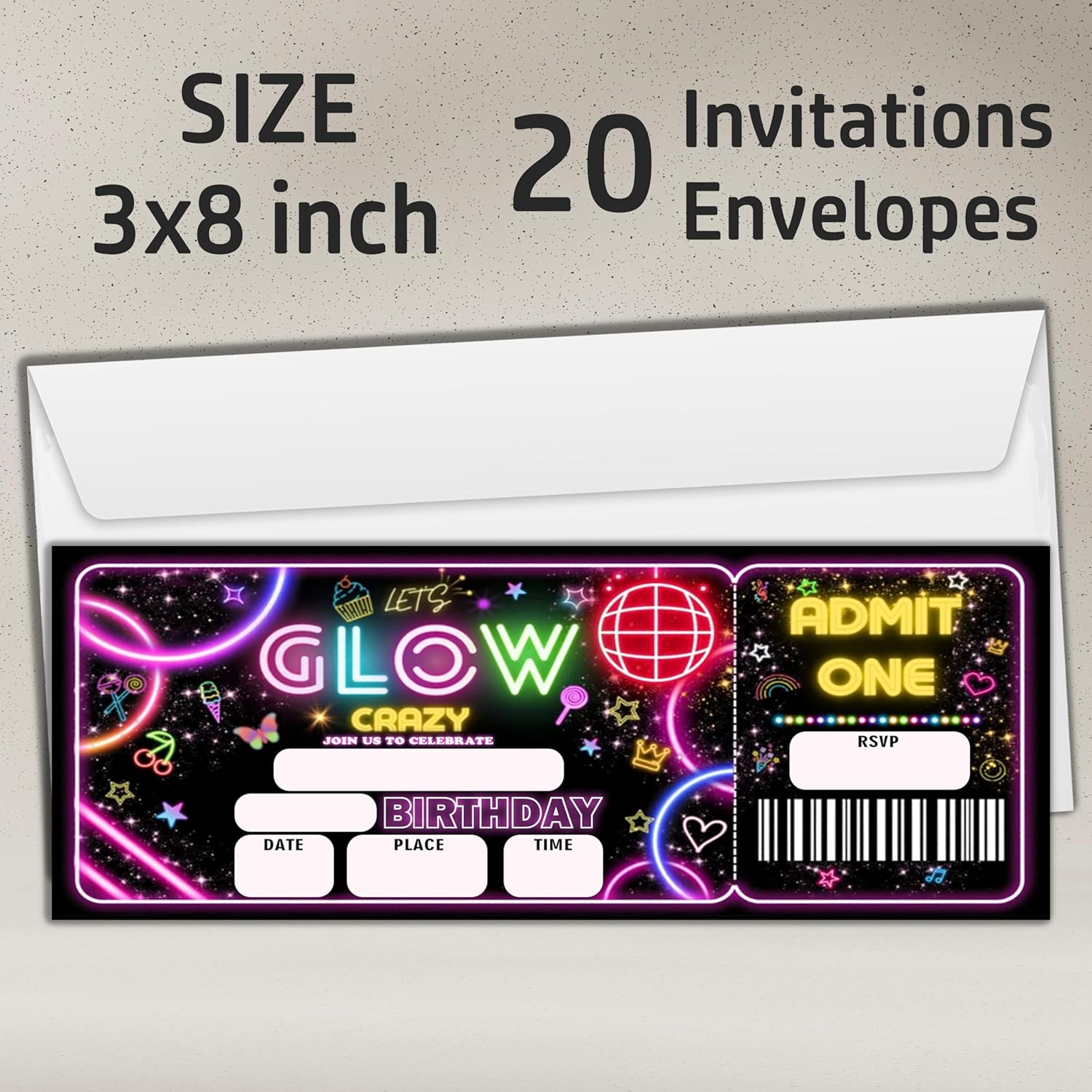 Crazy Birthday Neon Party Invitation Cards 20pcs 3x8 Inch