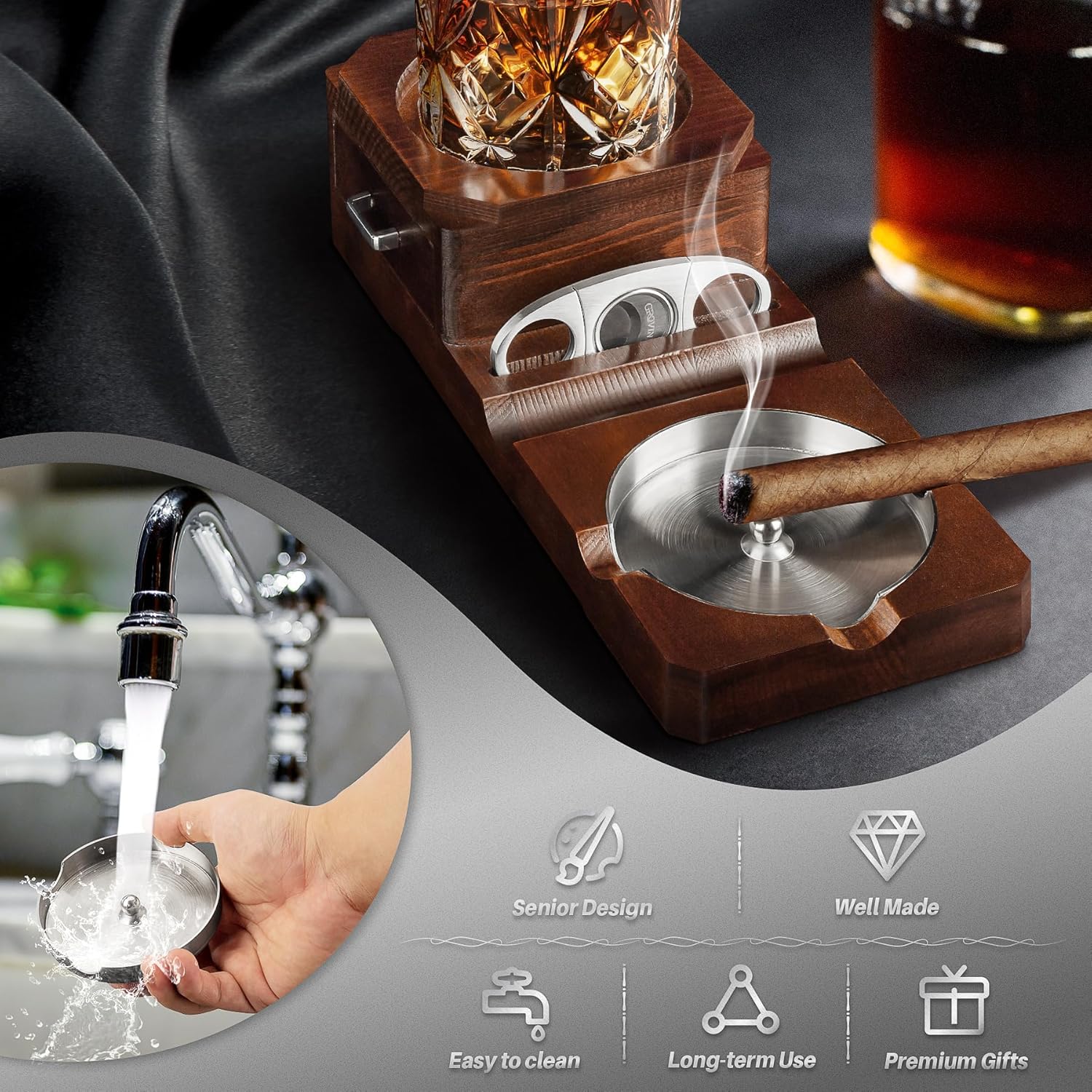 Grovind Cigar Ashtray Set with Cutter and Whiskey Tray