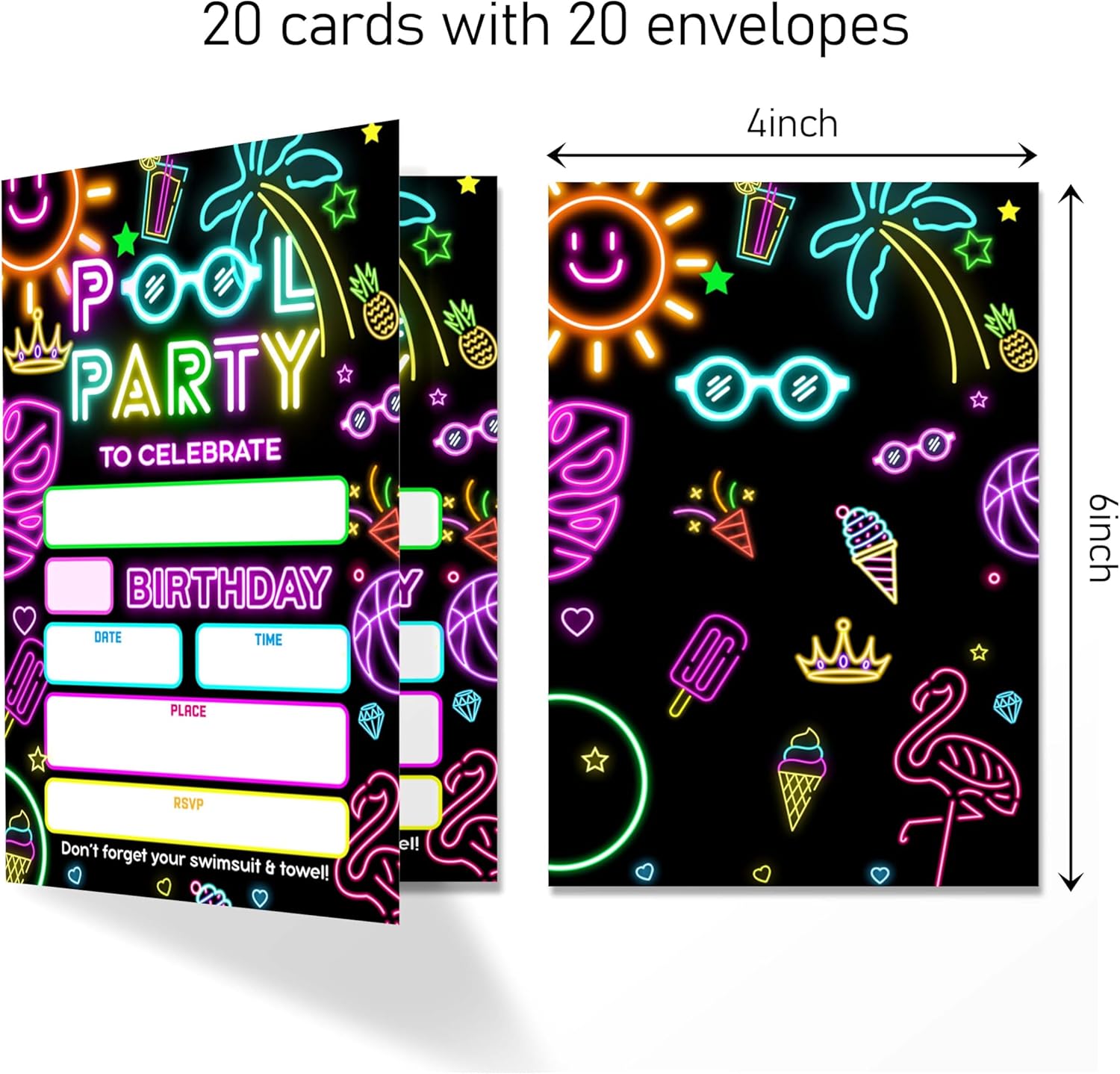 Neon Glow 4x6 Pool Party Birthday Invitations 20 Pack