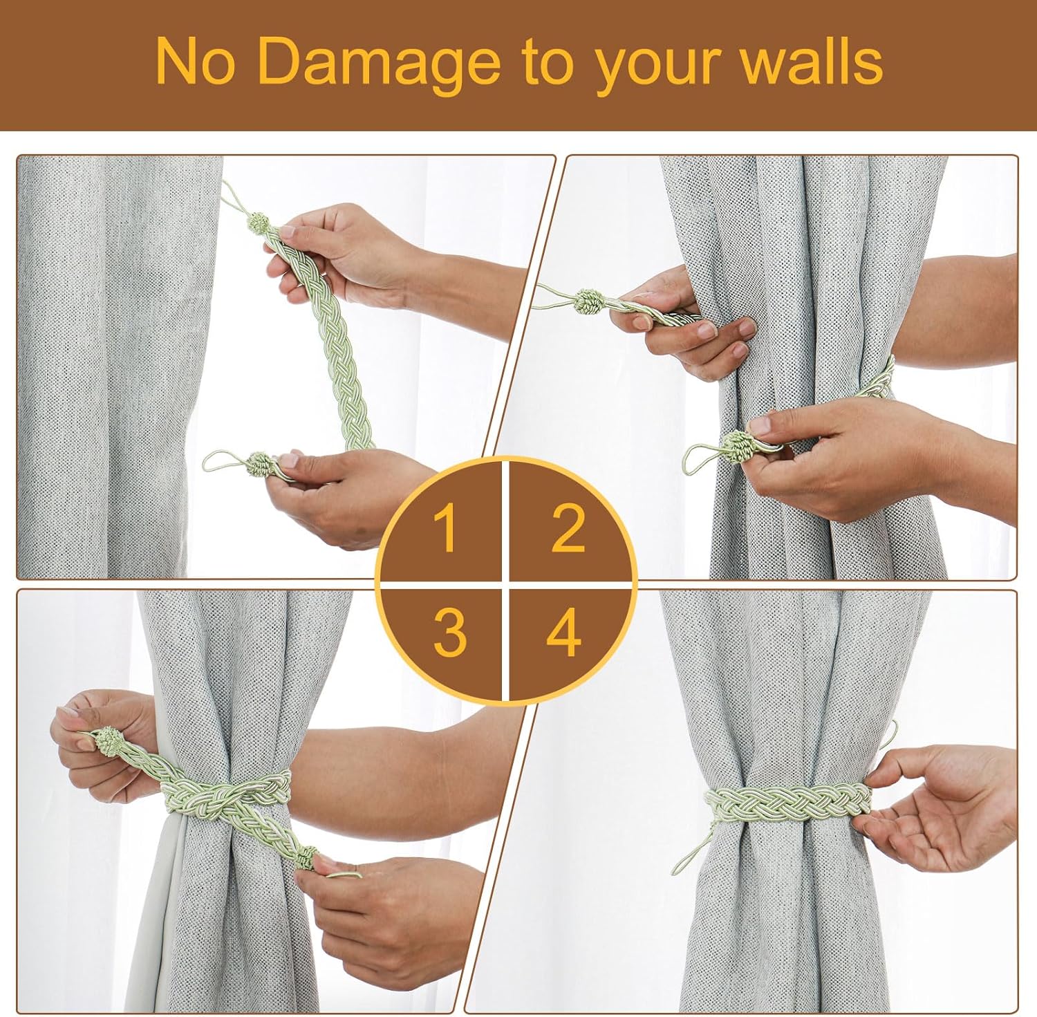 Uxcell 4Pcs Curtain Tiebacks with 4 Metal Hooks Green Silver
