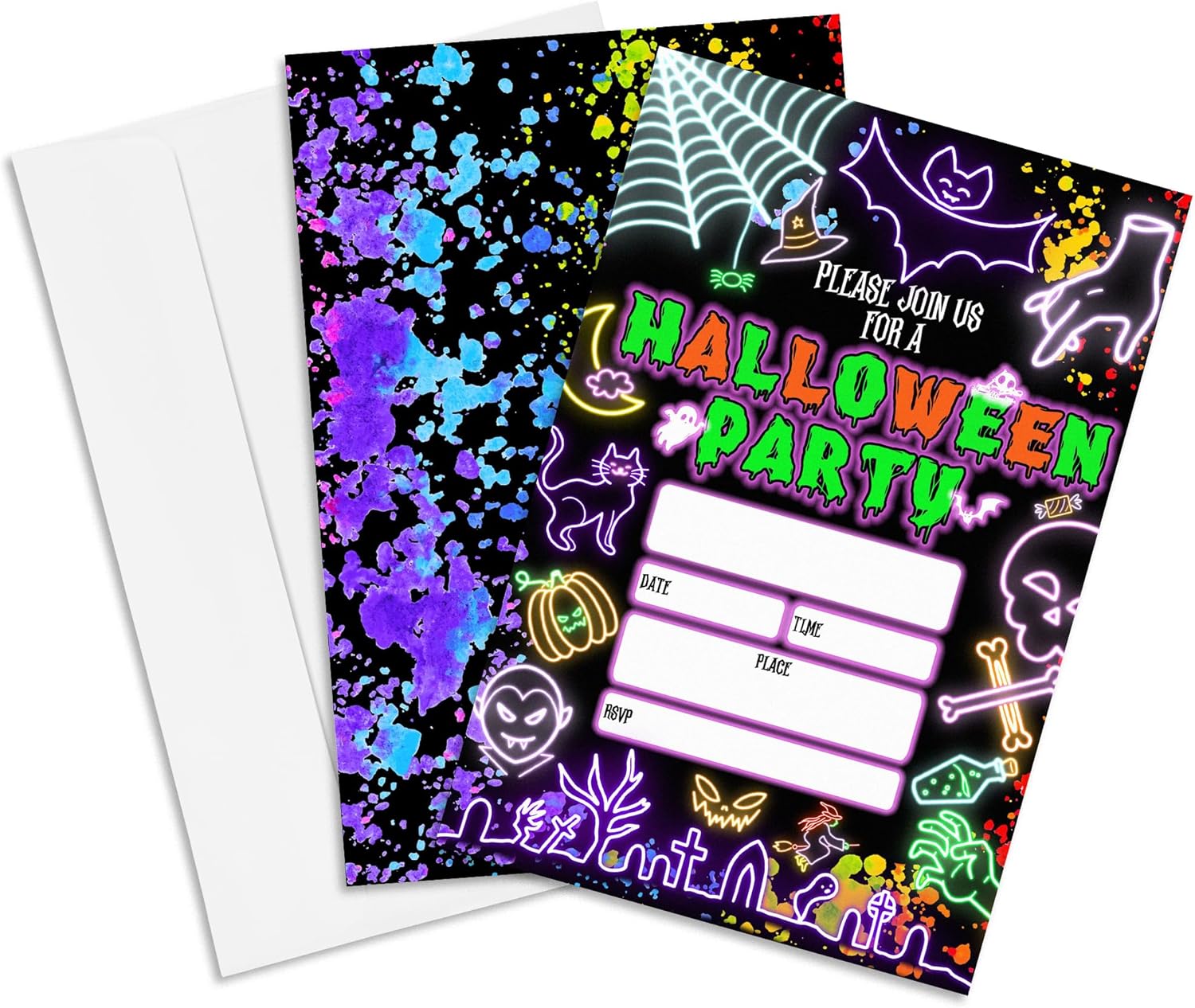 Neon Halloween Party Invites Set of 20 with Envelopes