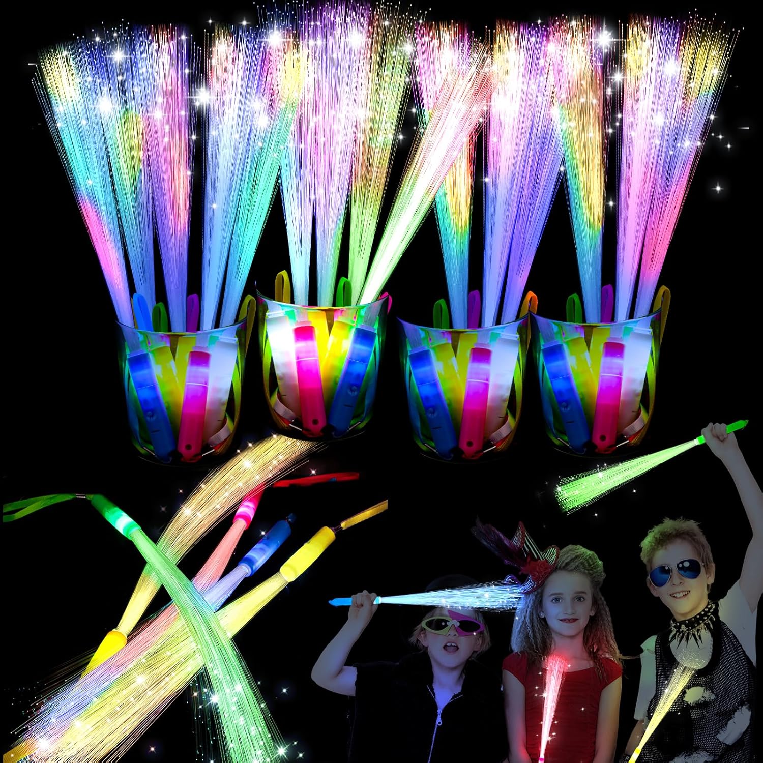 48PCS Fiber Optic Glow Sticks LED Light Up Wand