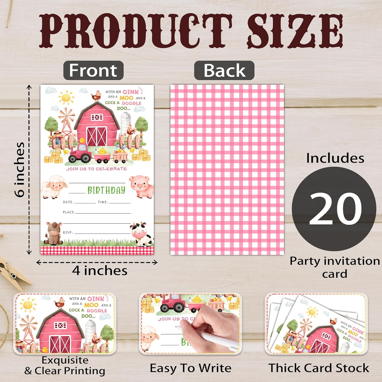 Geuro Barn Farm Animals Birthday Party Invitation 20set Pink