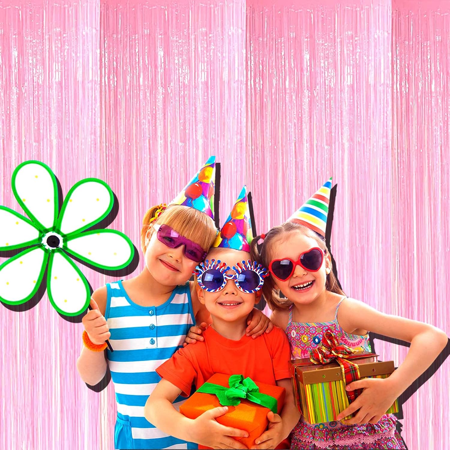 4 Pack Macaron Pink Foil Fringe Curtains for Party Backdrops