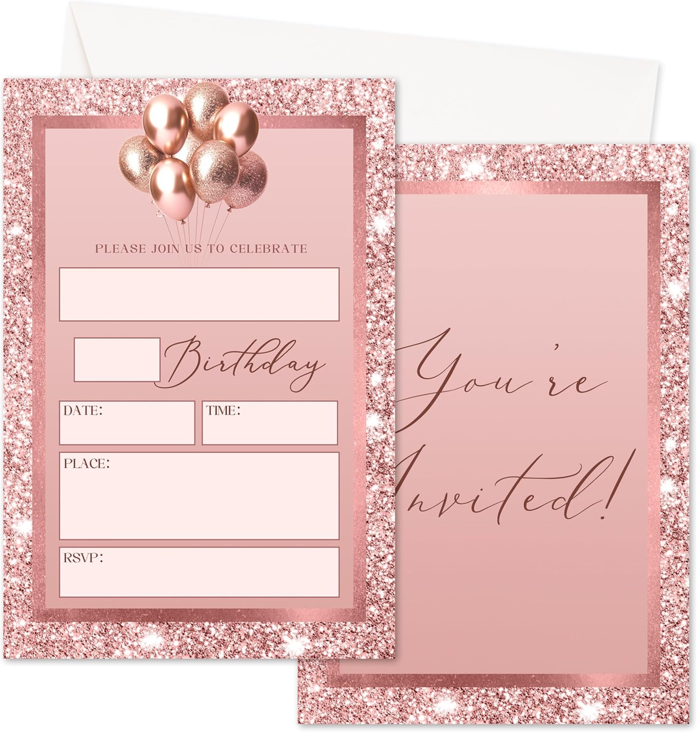 Rose Gold Birthday Invites for Kids Set of 20 with Envelopes