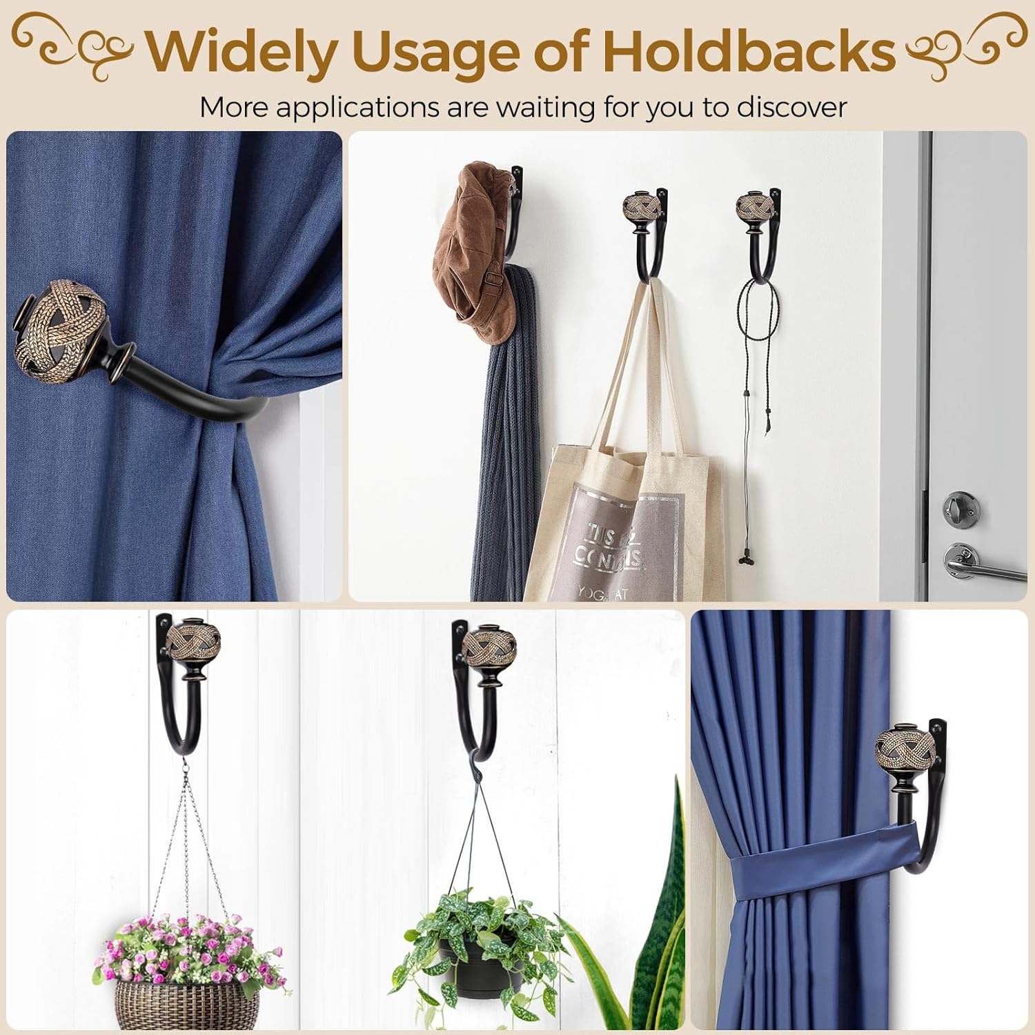 2 Pack Black Curtain Holdbacks with Leaf Finials