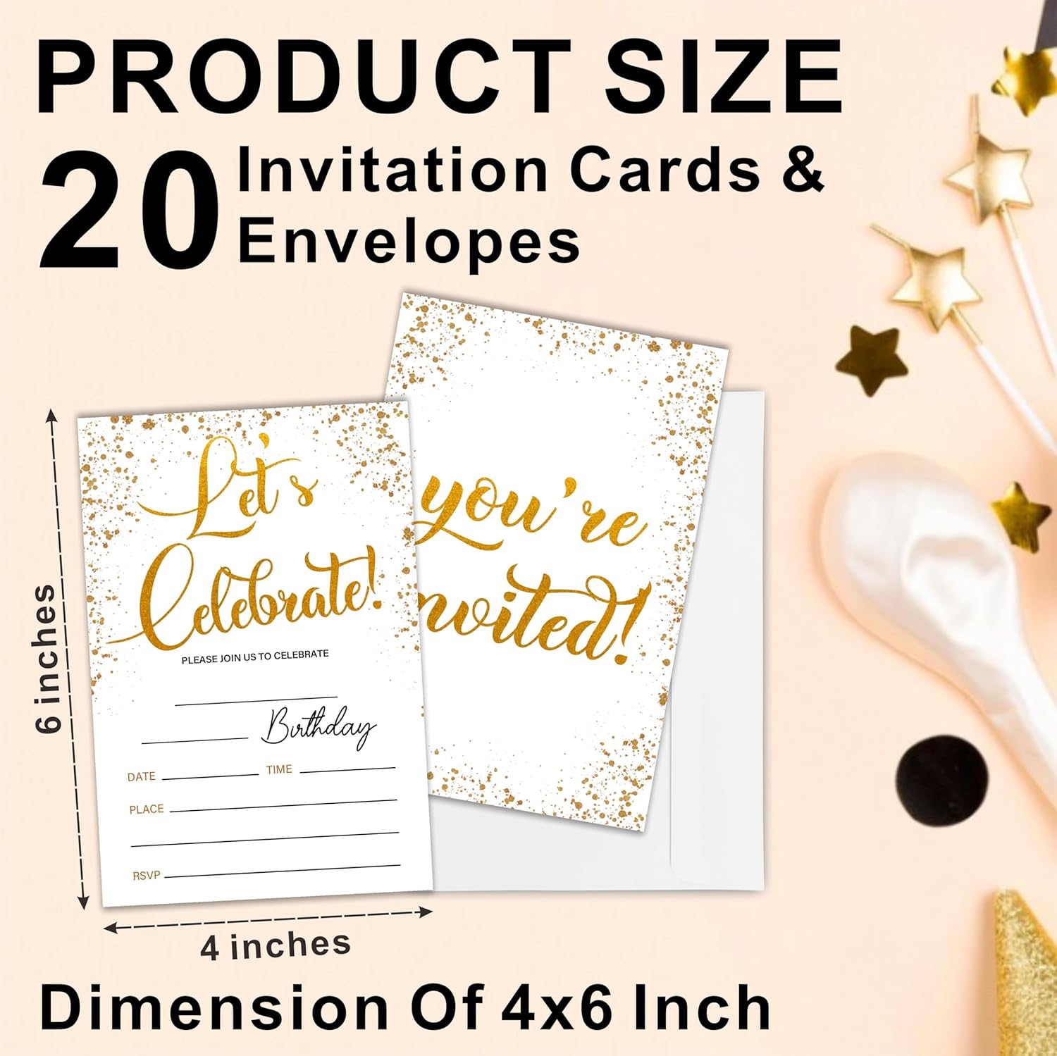 Lets Celebrate Gold Confetti Birthday Invites With Envelopes 20 Pack