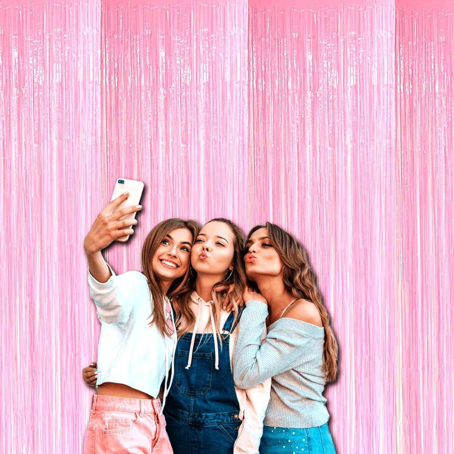 4 Pack Macaron Pink Foil Fringe Curtains for Party Backdrops