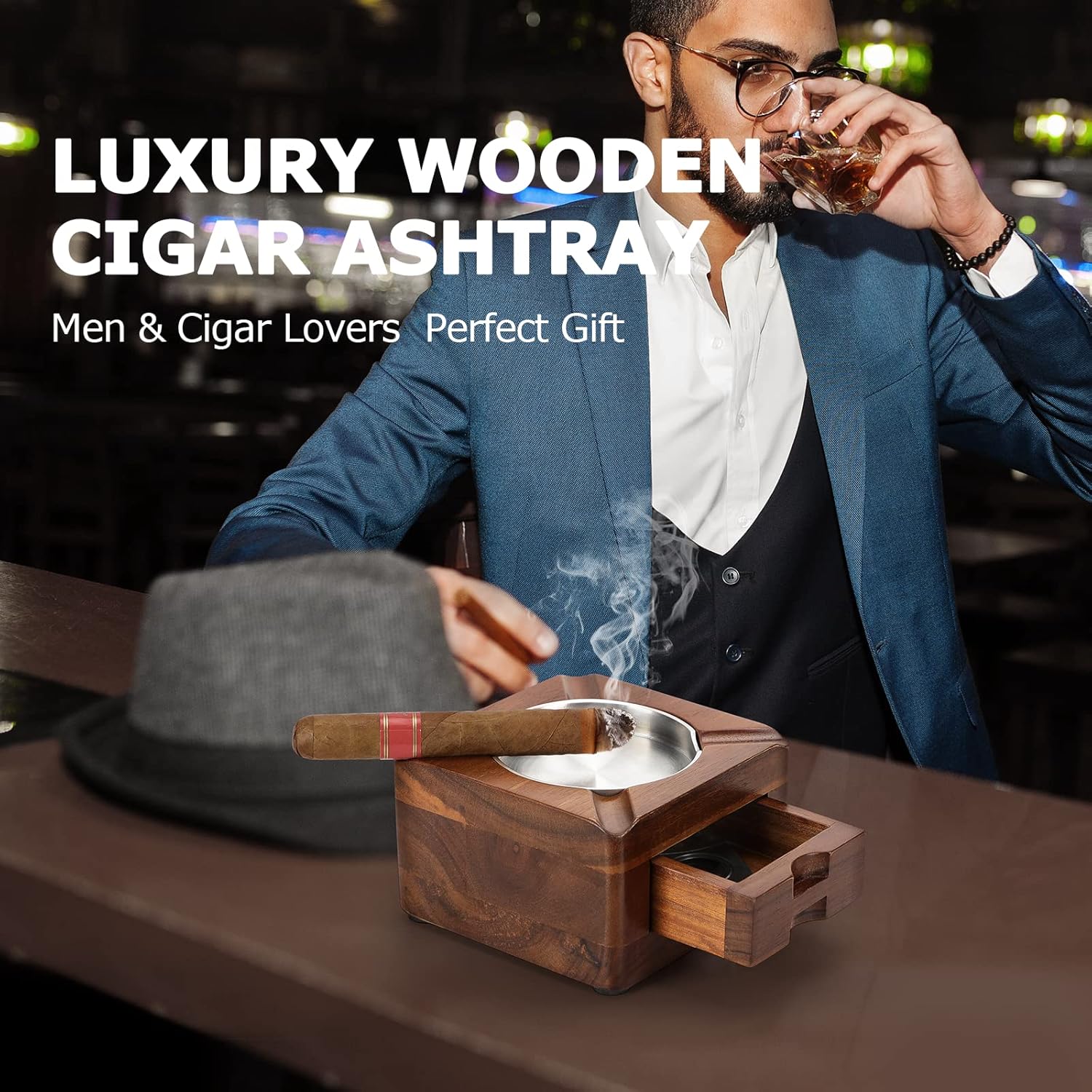 Tesonway Wooden Cigar Ashtray with 4 Slots and Drawer