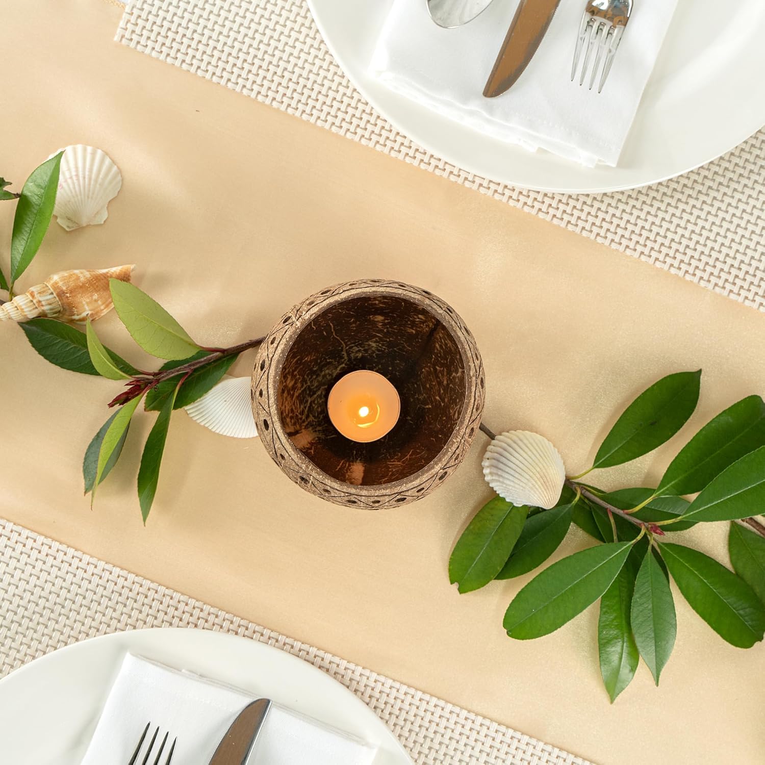 Restaurantware Coco Casa Coconut Shell Candle Holders 4x33 Inch Handcrafted Tan Bowls