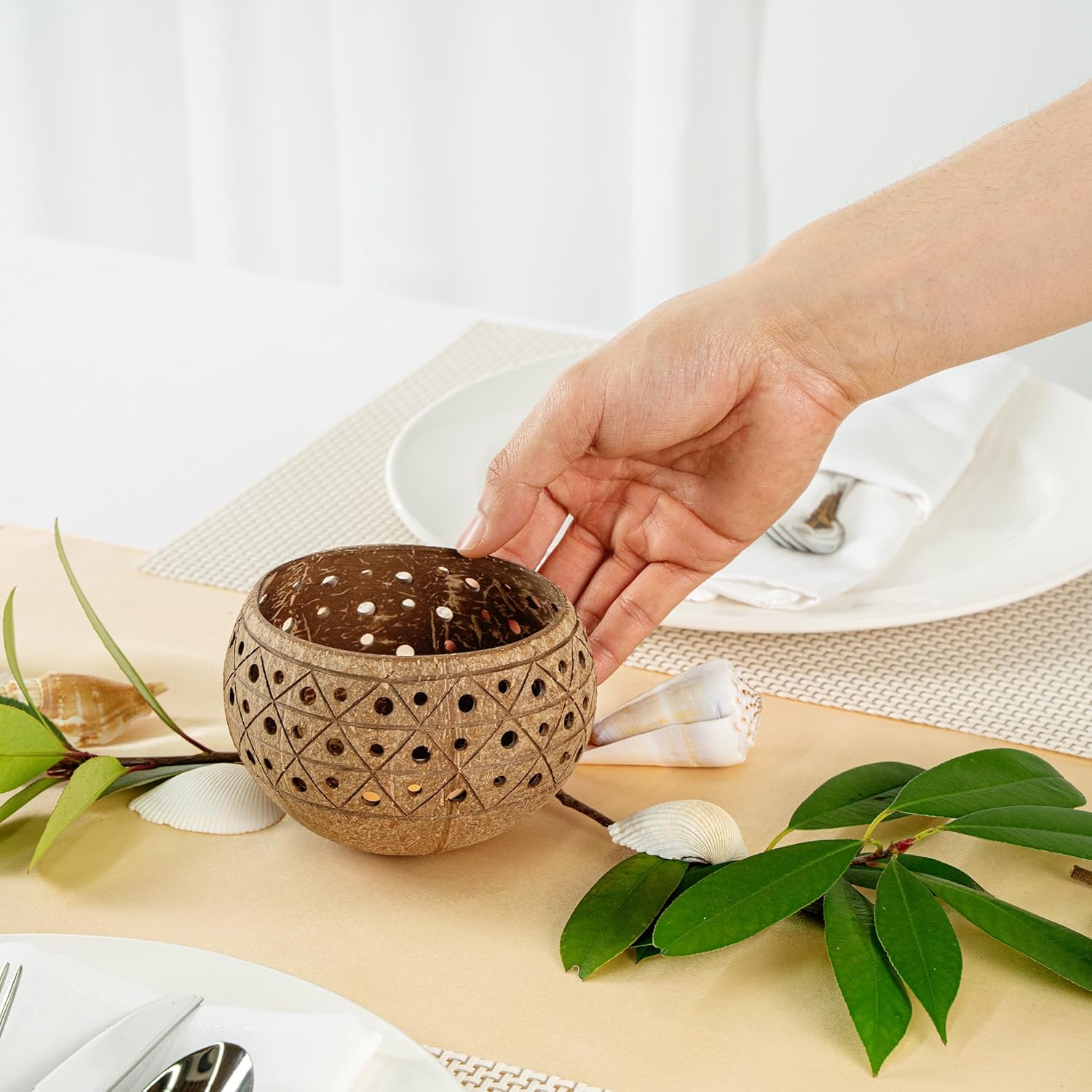 Restaurantware Coco Casa Coconut Shell Candle Holders 4x33 Inch Handcrafted Tan Bowls
