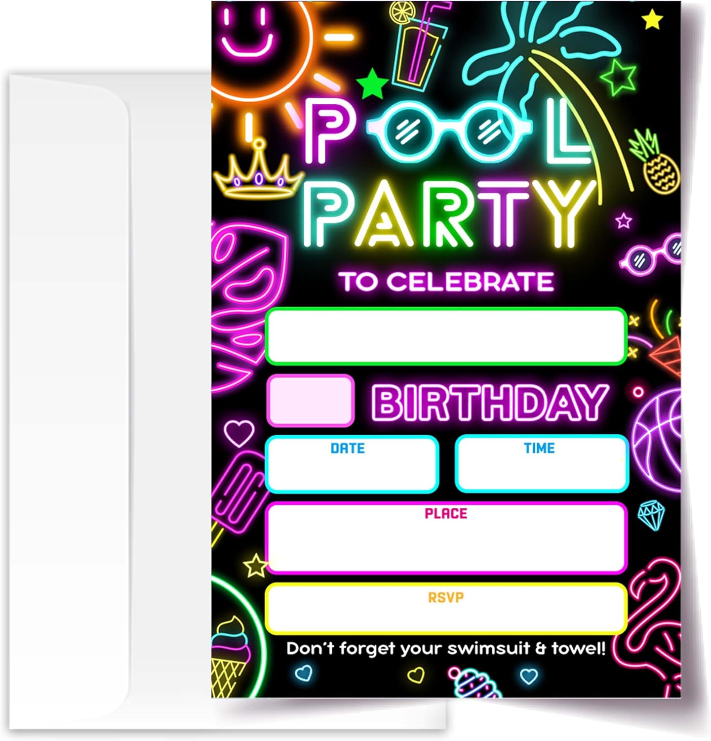Neon Glow 4x6 Pool Party Birthday Invitations 20 Pack