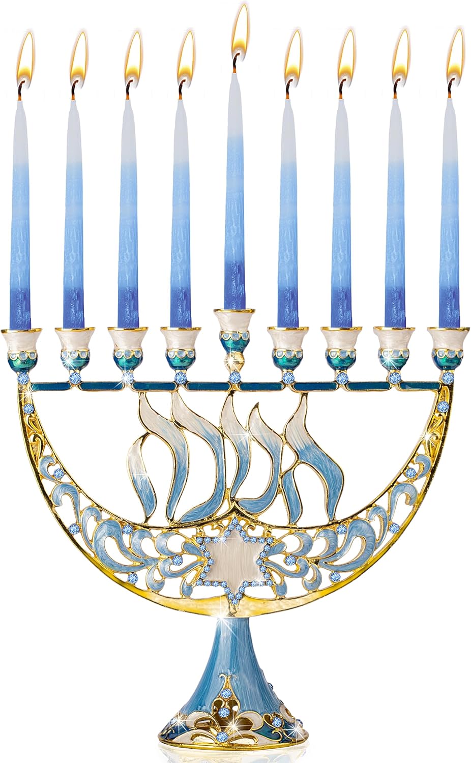 Ner Mitzvah Hanukkah Menorah with Blue Jewels and Star of David