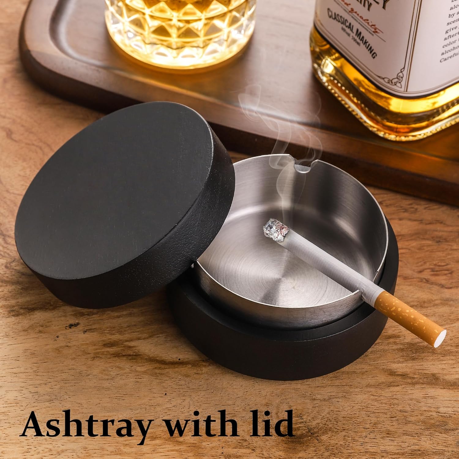 Wooden Ashtray with Lid for Outdoor Indoor Use Black