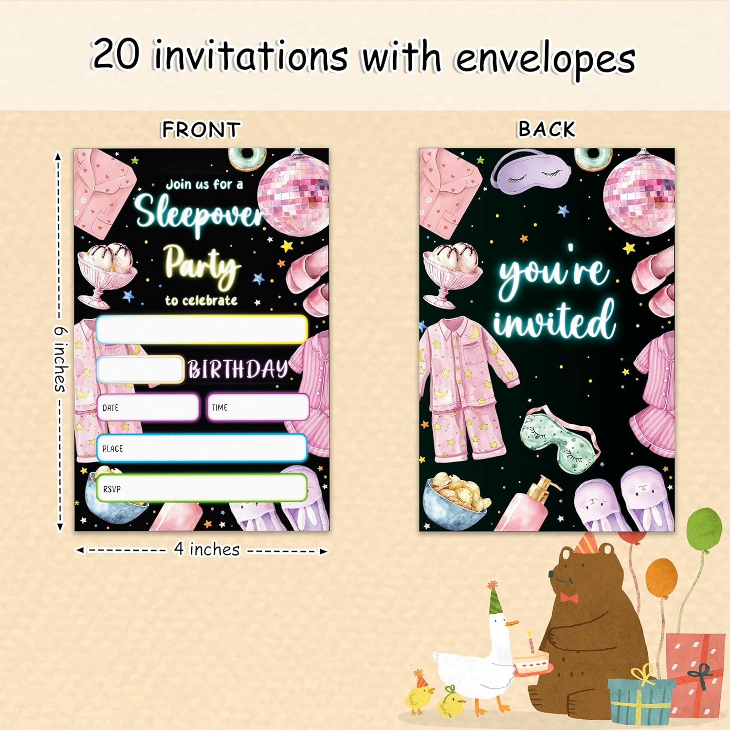 Slumber Birthday Invites with Envelopes 20pcs