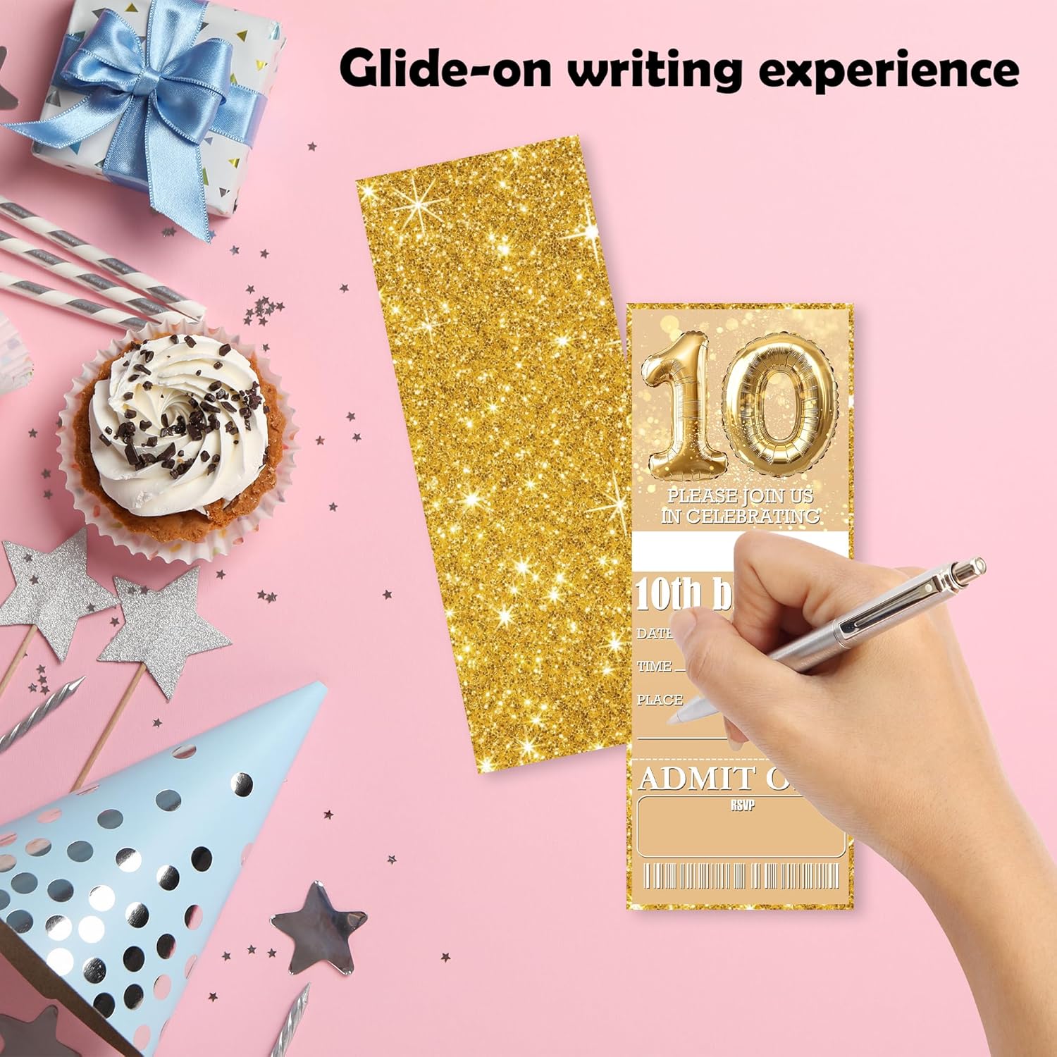 10th Birthday Party Invitations Gold Balloon Glitter Cards