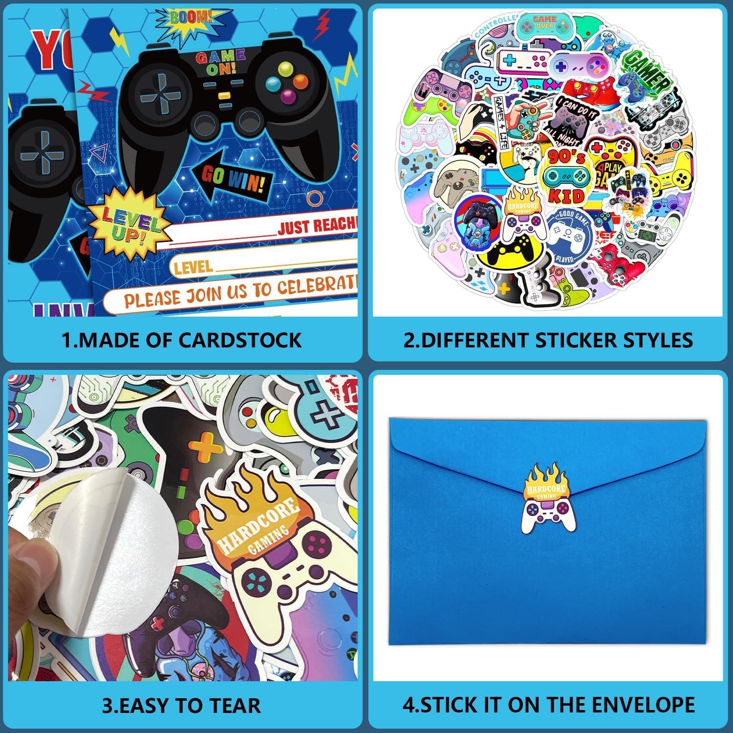 20Pcs Game Party Invitations with Envelopes and Stickers