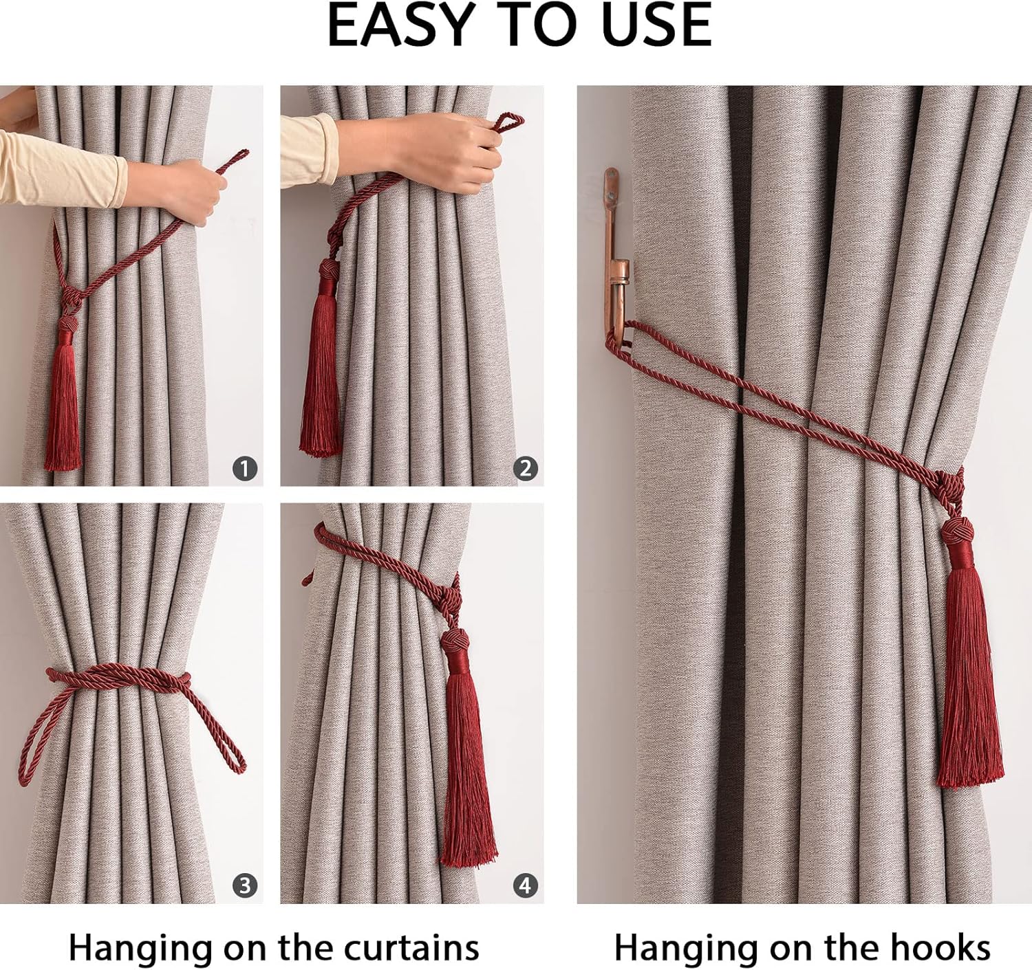 NICEEC 4 Pack Wine Red Tassel Curtain Tiebacks