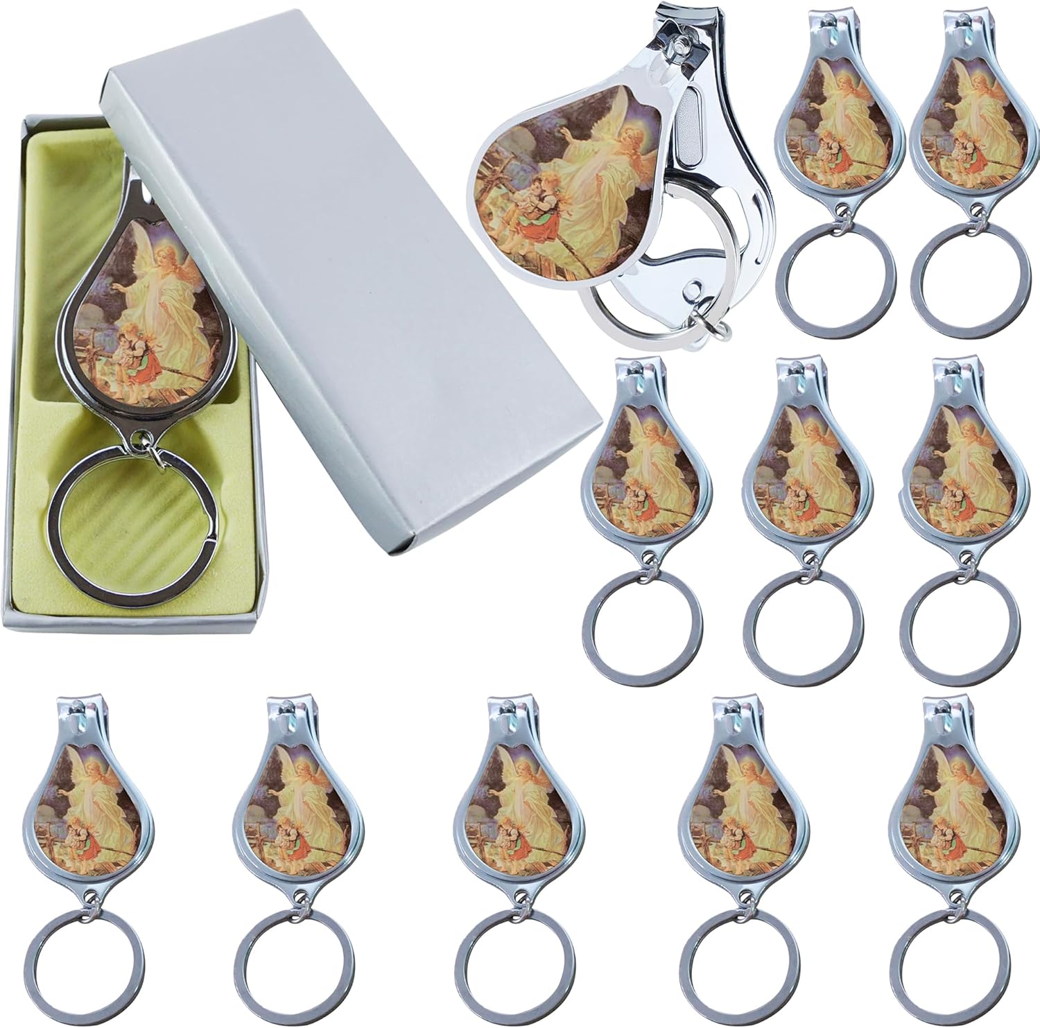 12 Pcs Guardian Angel Keychain with Nail Clipper and Bottle Opener