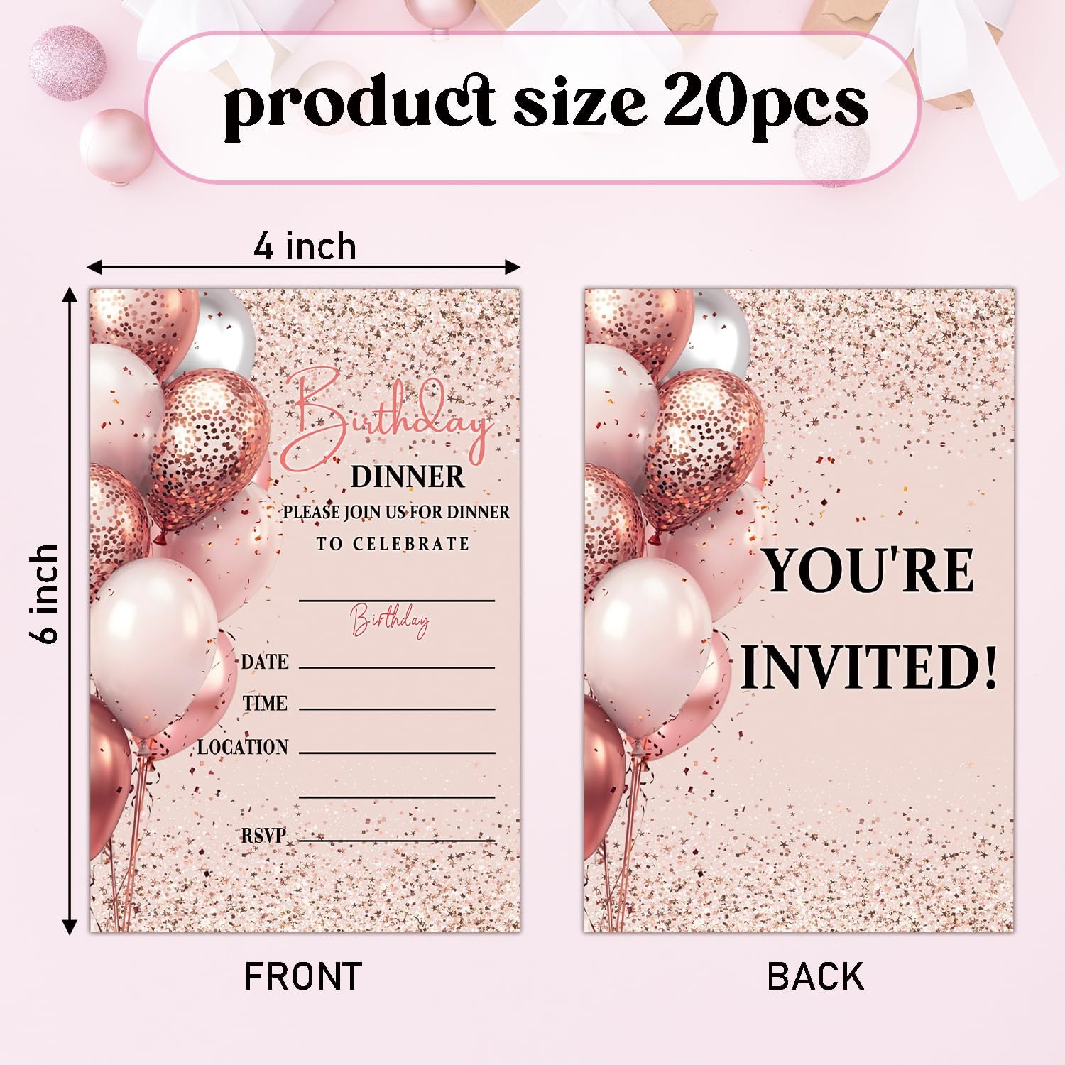 20 Pink Silver Birthday Invites with Envelopes