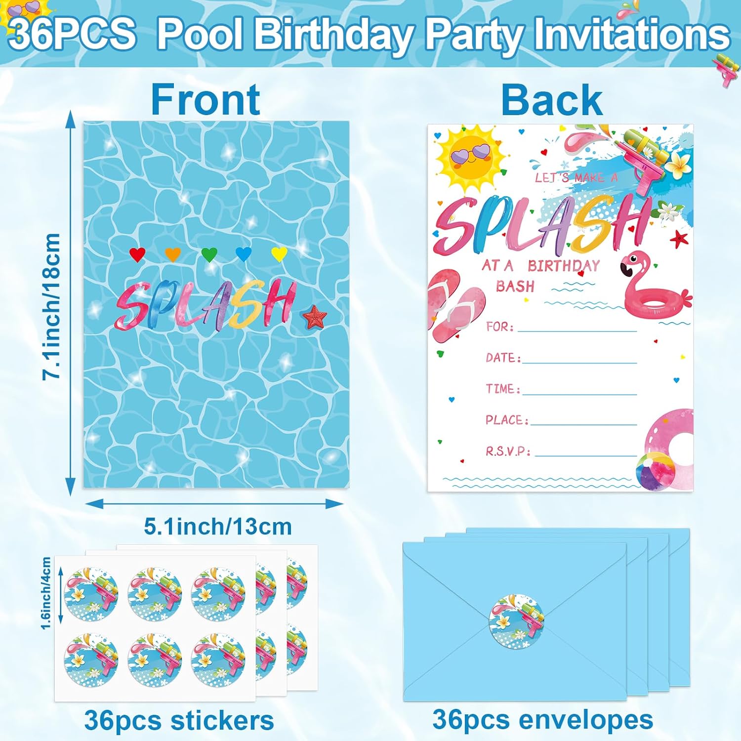 36PCS Pool Birthday Invitations with Stickers and Envelopes