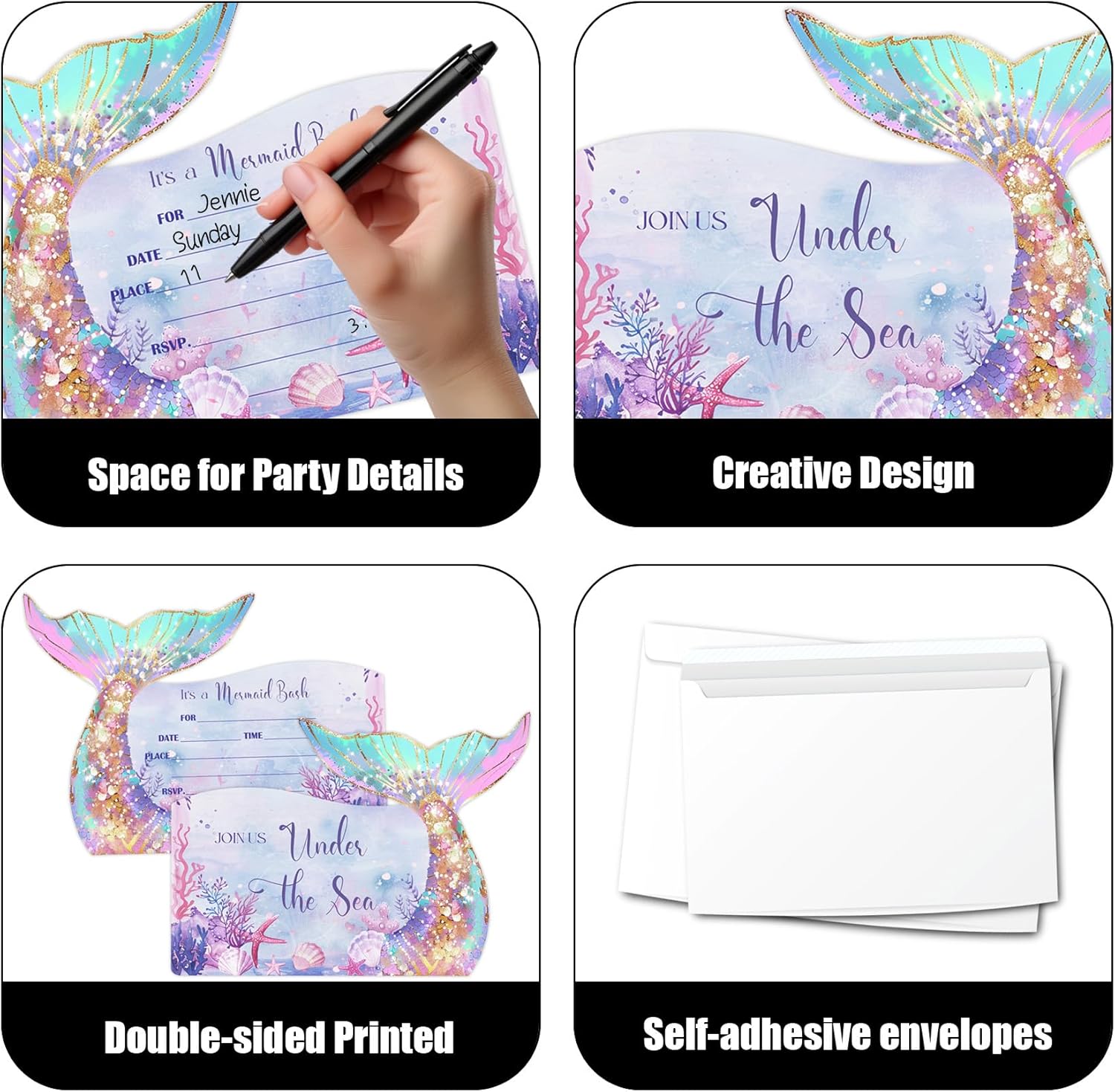 Mermaid Birthday Invitations with Envelopes 5x7 Inches