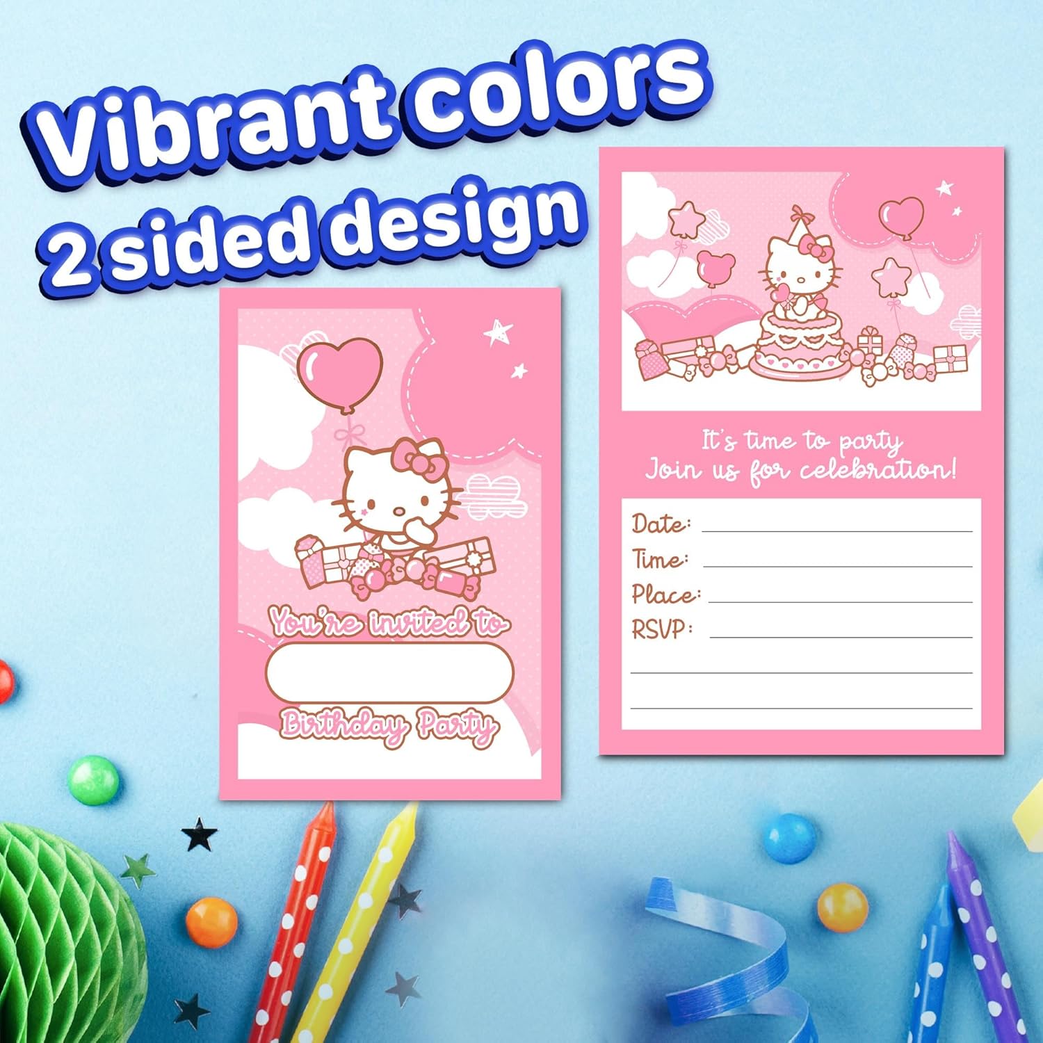 Set of 20 Cute Pink Cat Birthday Invites with Envelopes