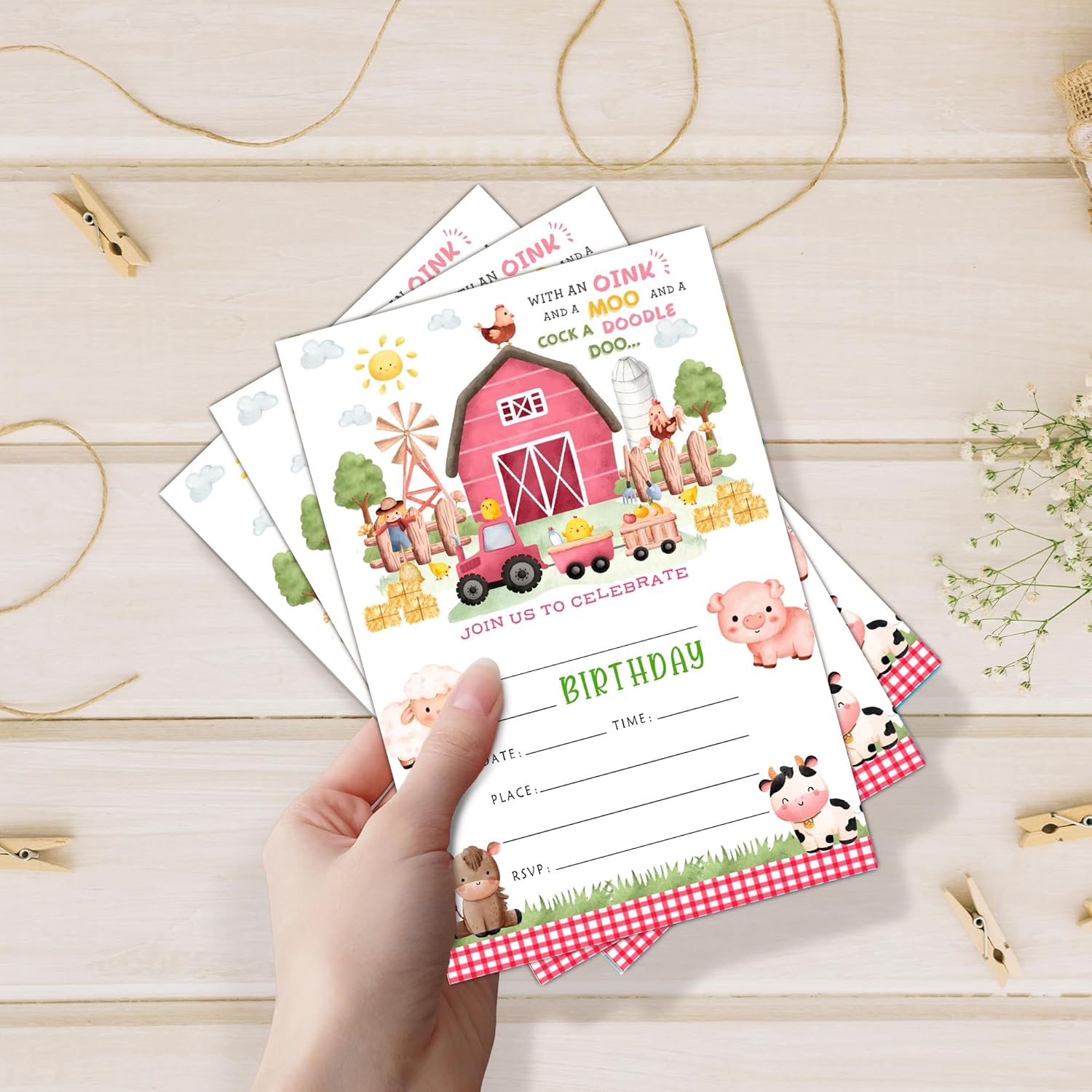 Geuro Barn Farm Animals Birthday Party Invitation 20set Pink
