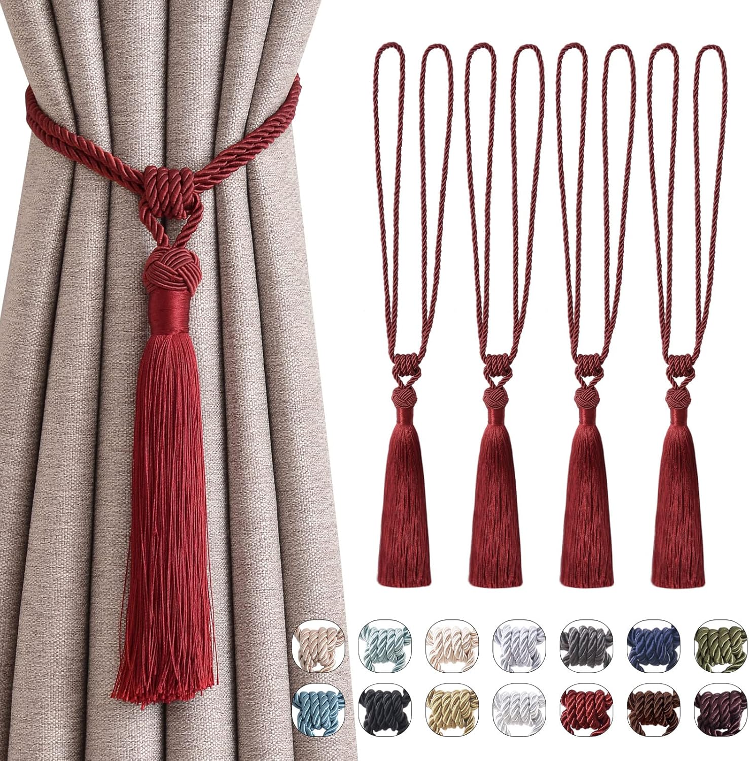 NICEEC 4 Pack Wine Red Tassel Curtain Tiebacks