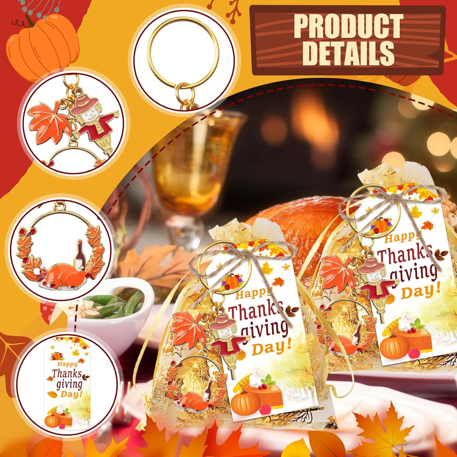 20 Sets Thanksgiving Keychains with Cards and Bags